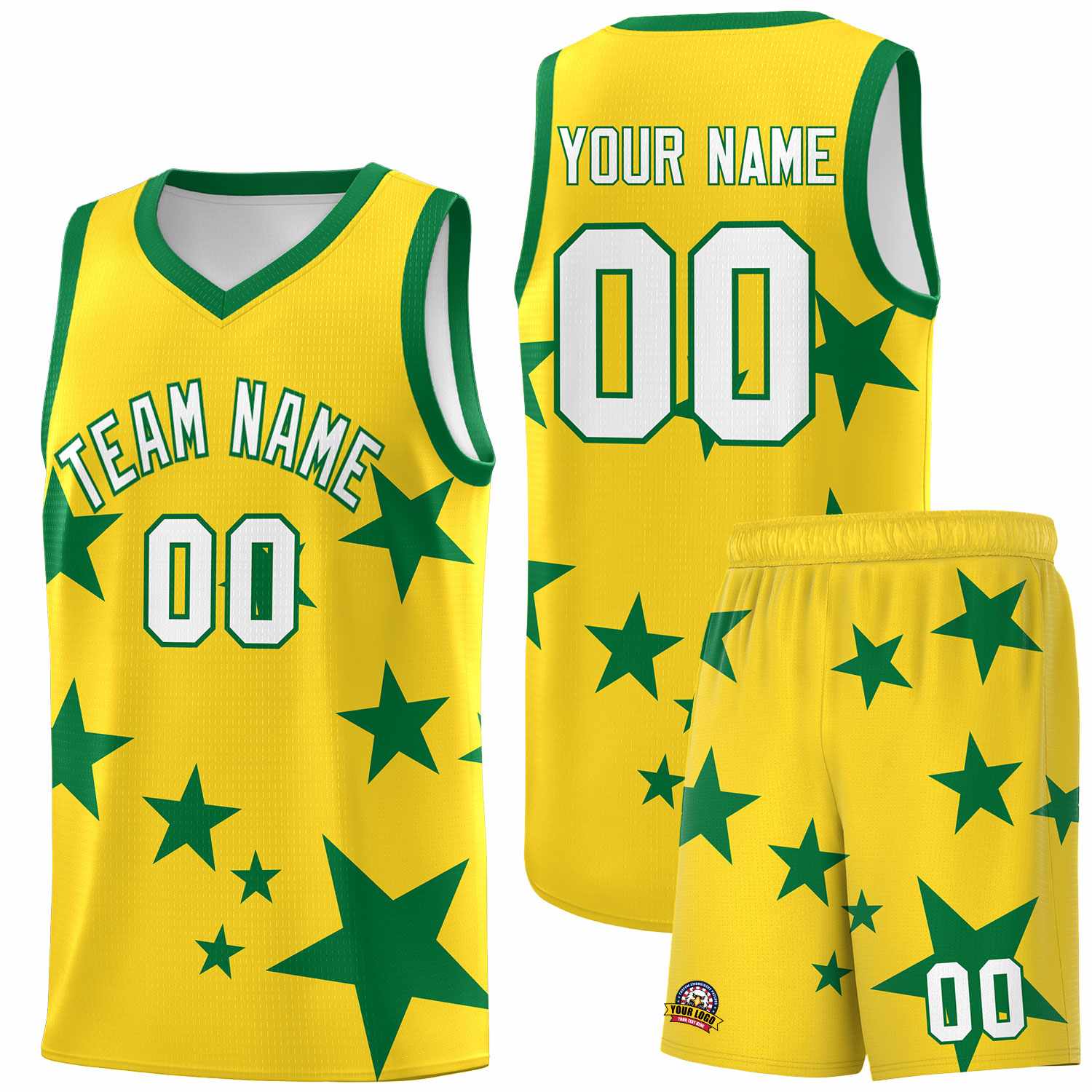 Custom Gold Kelly Green Graffiti Pattern Star Print Basketball Kits Sets