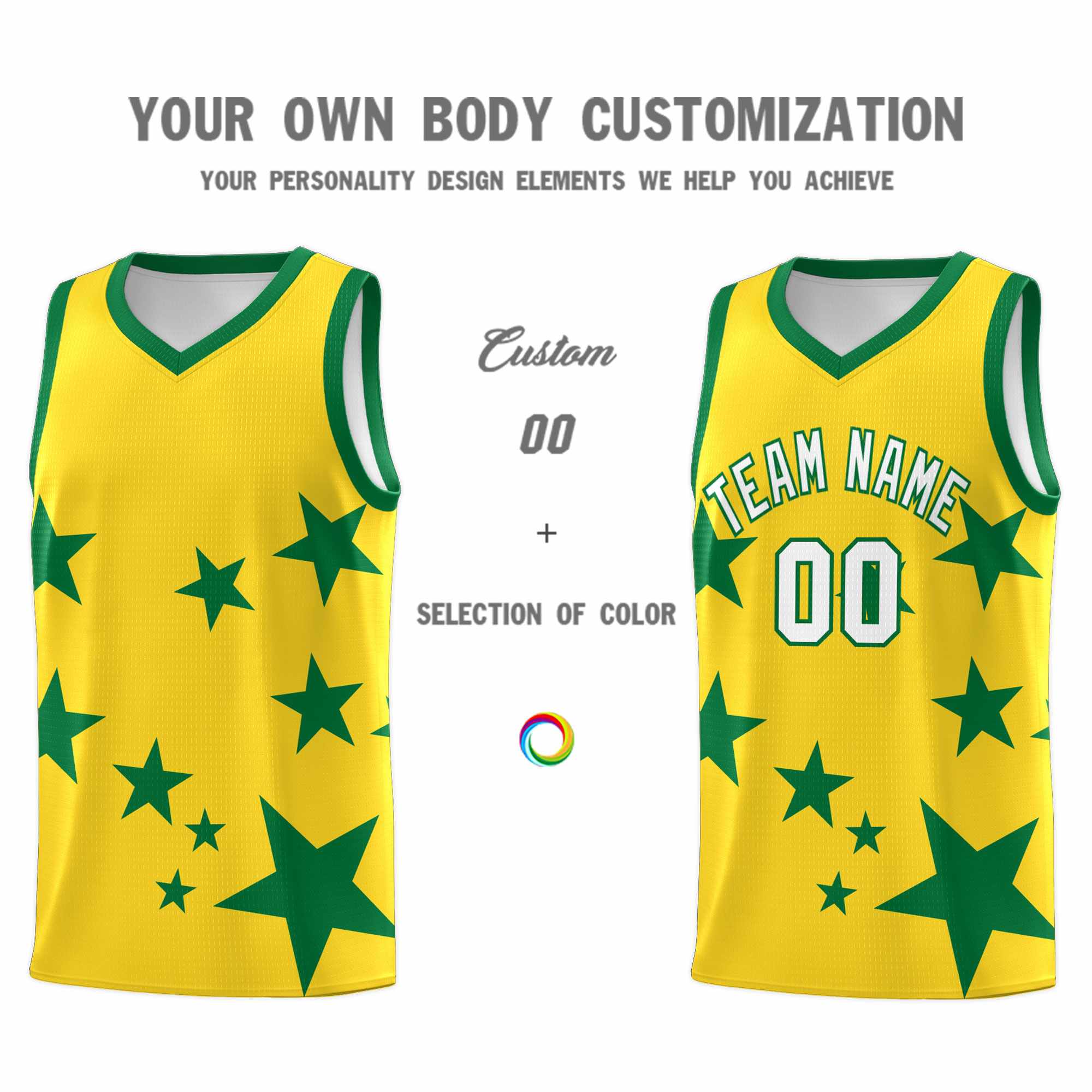 Custom Gold Kelly Green Graffiti Pattern Star Print Basketball Kits Sets