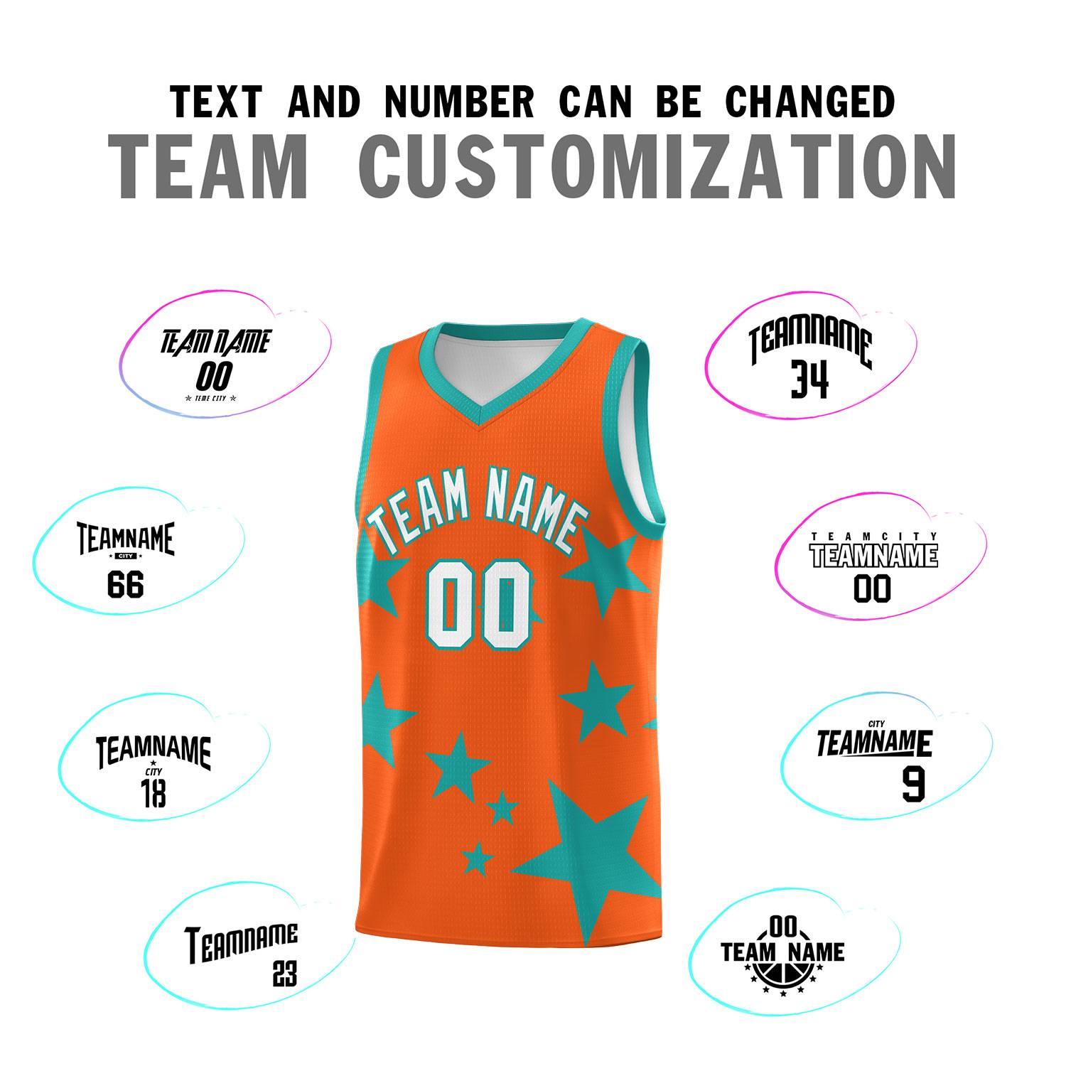 Custom Orange Aqua Graffiti Pattern Star Print Basketball Kits Sets