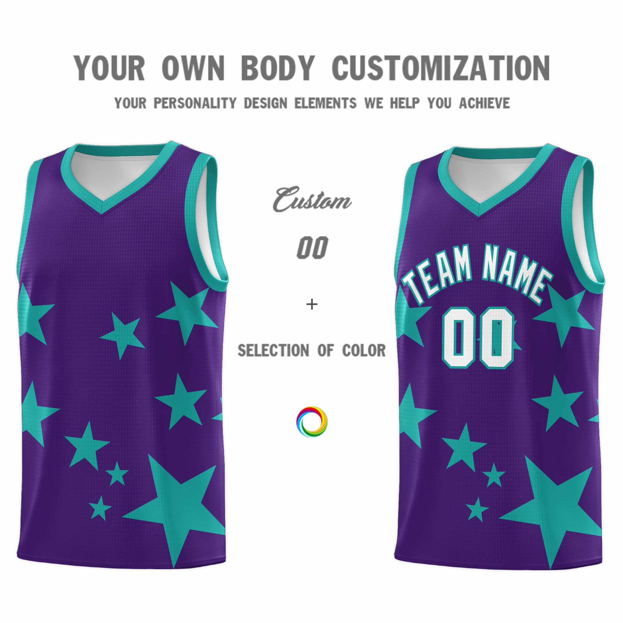 Custom Purple Aqua Graffiti Pattern Star Print Basketball Kits Sets