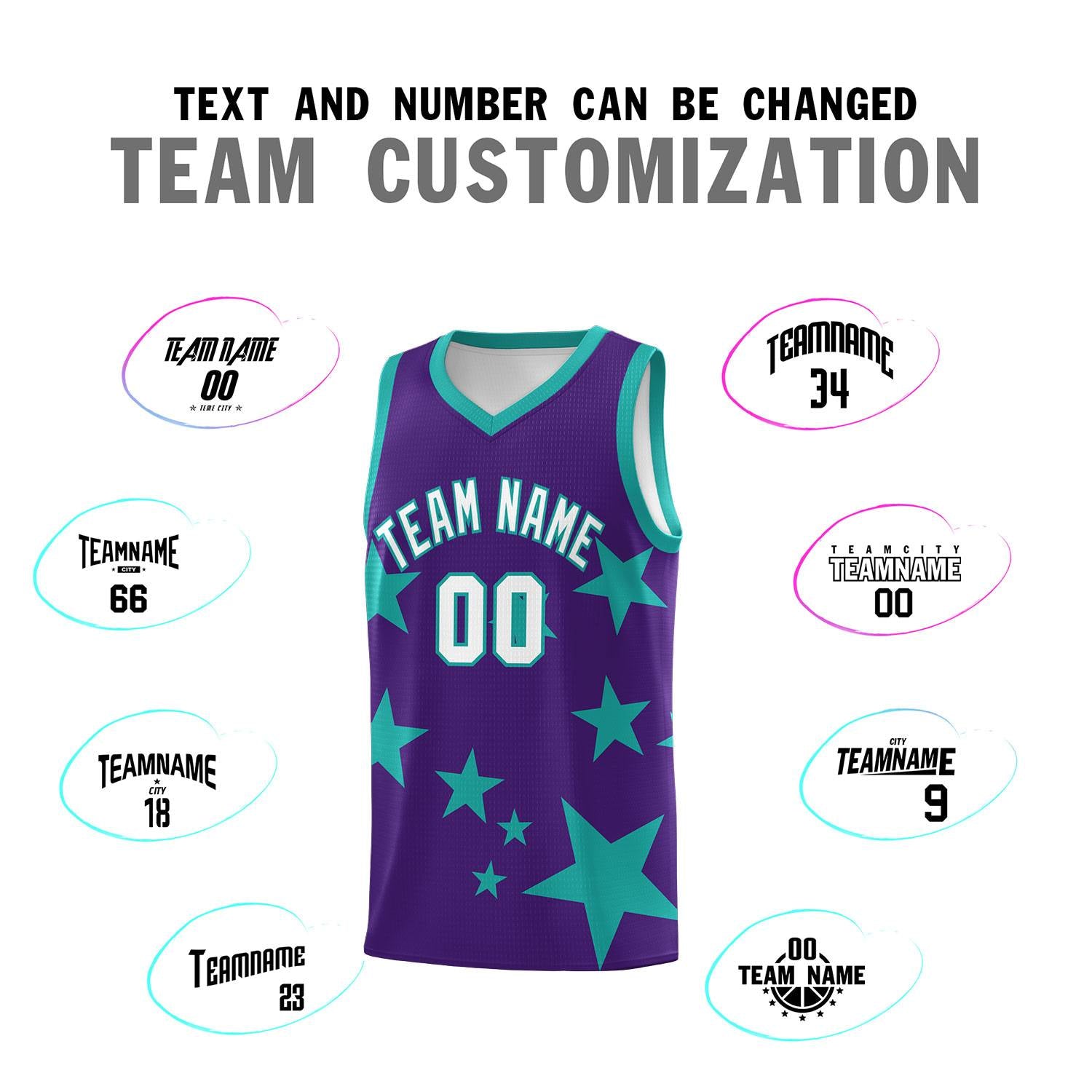 Custom Purple Aqua Graffiti Pattern Star Print Basketball Kits Sets