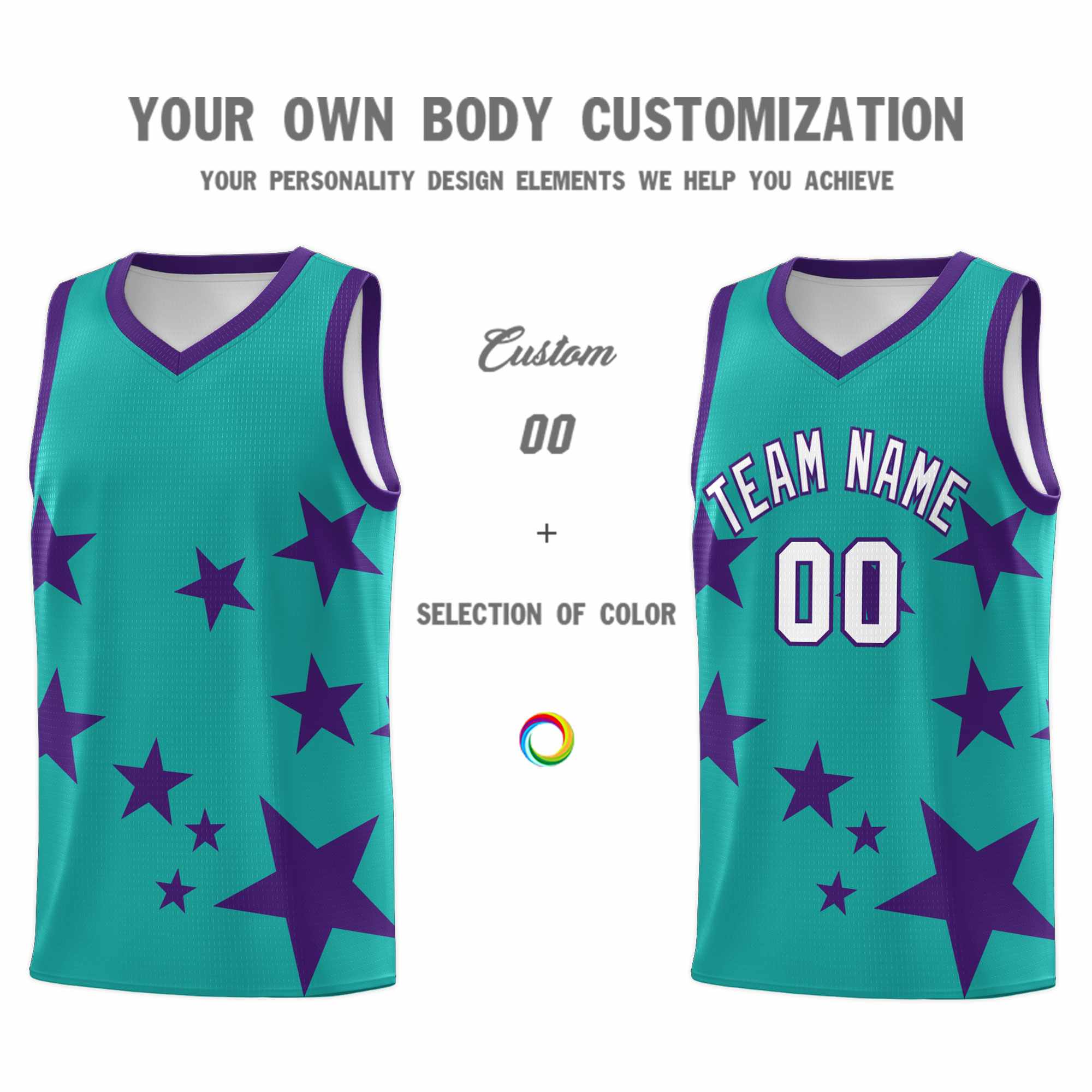 Custom Aqua Purple Graffiti Pattern Star Print Basketball Kits Sets