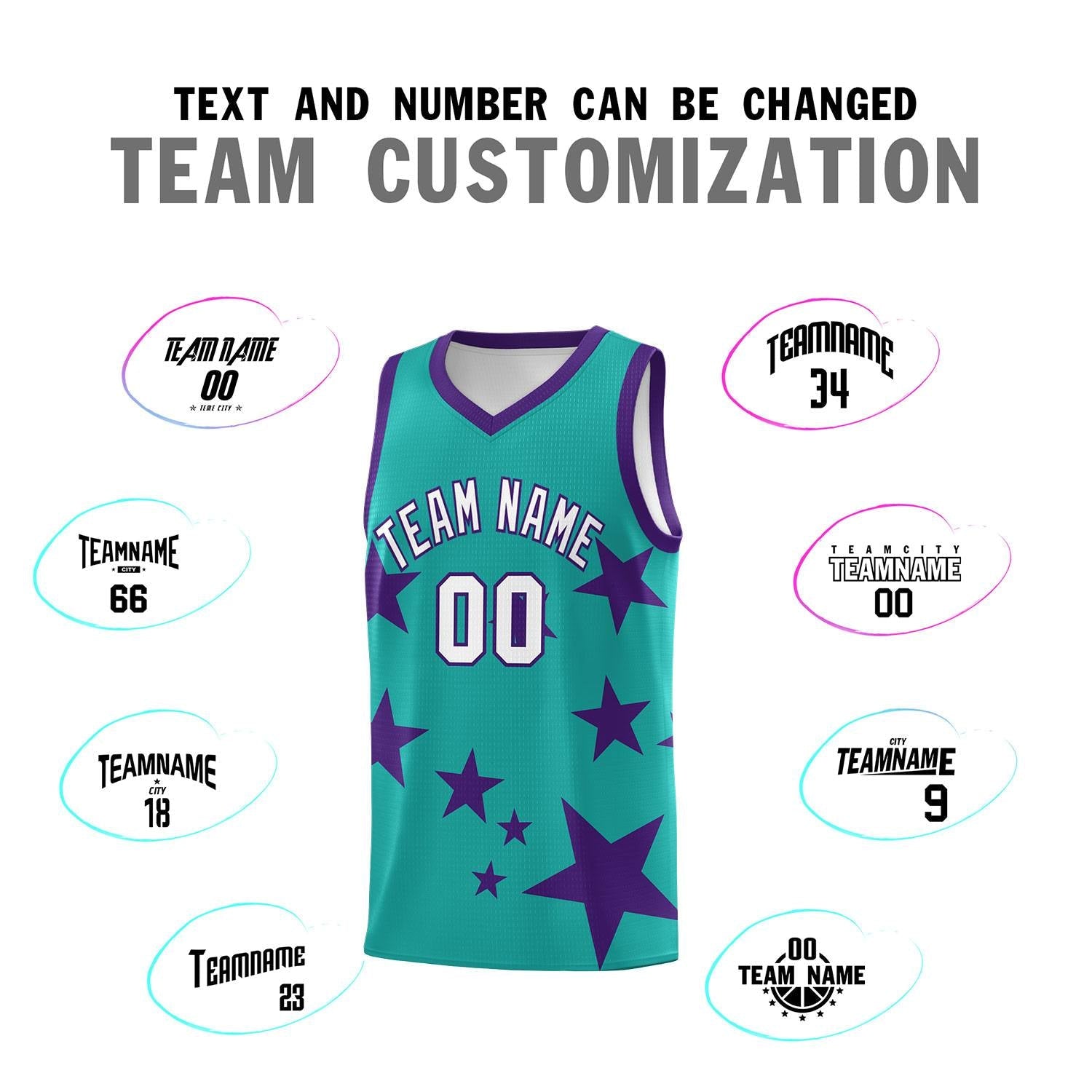 Custom Aqua Purple Graffiti Pattern Star Print Basketball Kits Sets