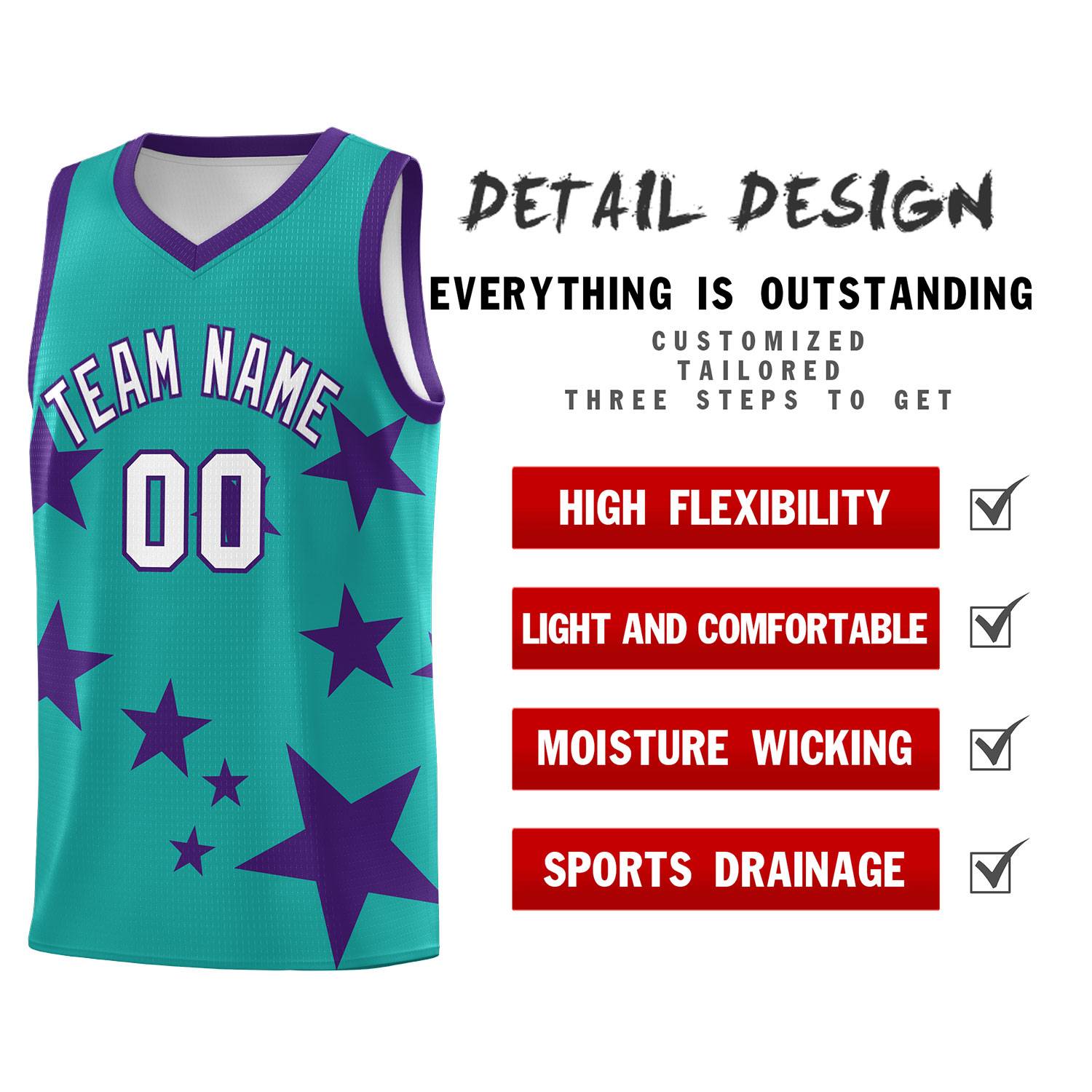 Custom Aqua Purple Graffiti Pattern Star Print Basketball Kits Sets