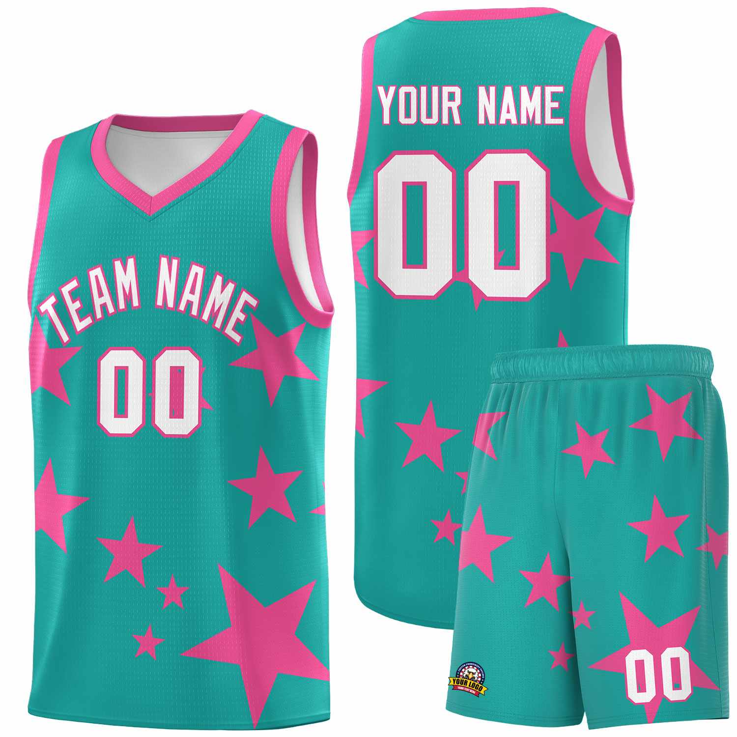 Custom Aqua Pink Graffiti Pattern Star Print Basketball Kits Sets