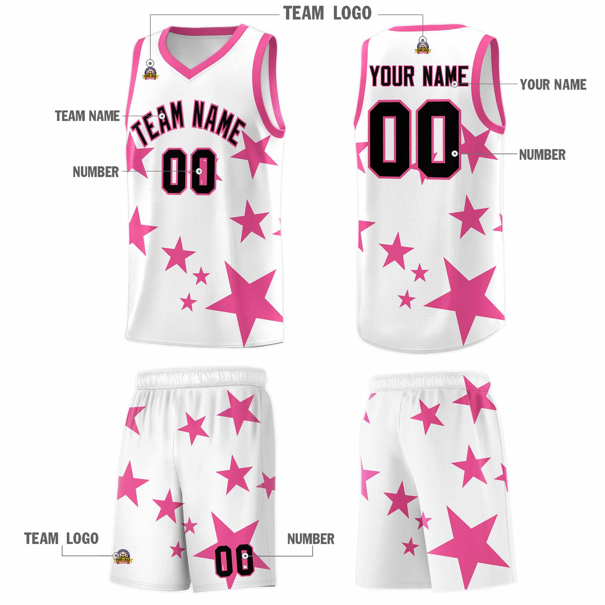 Custom White Pink Graffiti Pattern Star Print Basketball Kits Sets