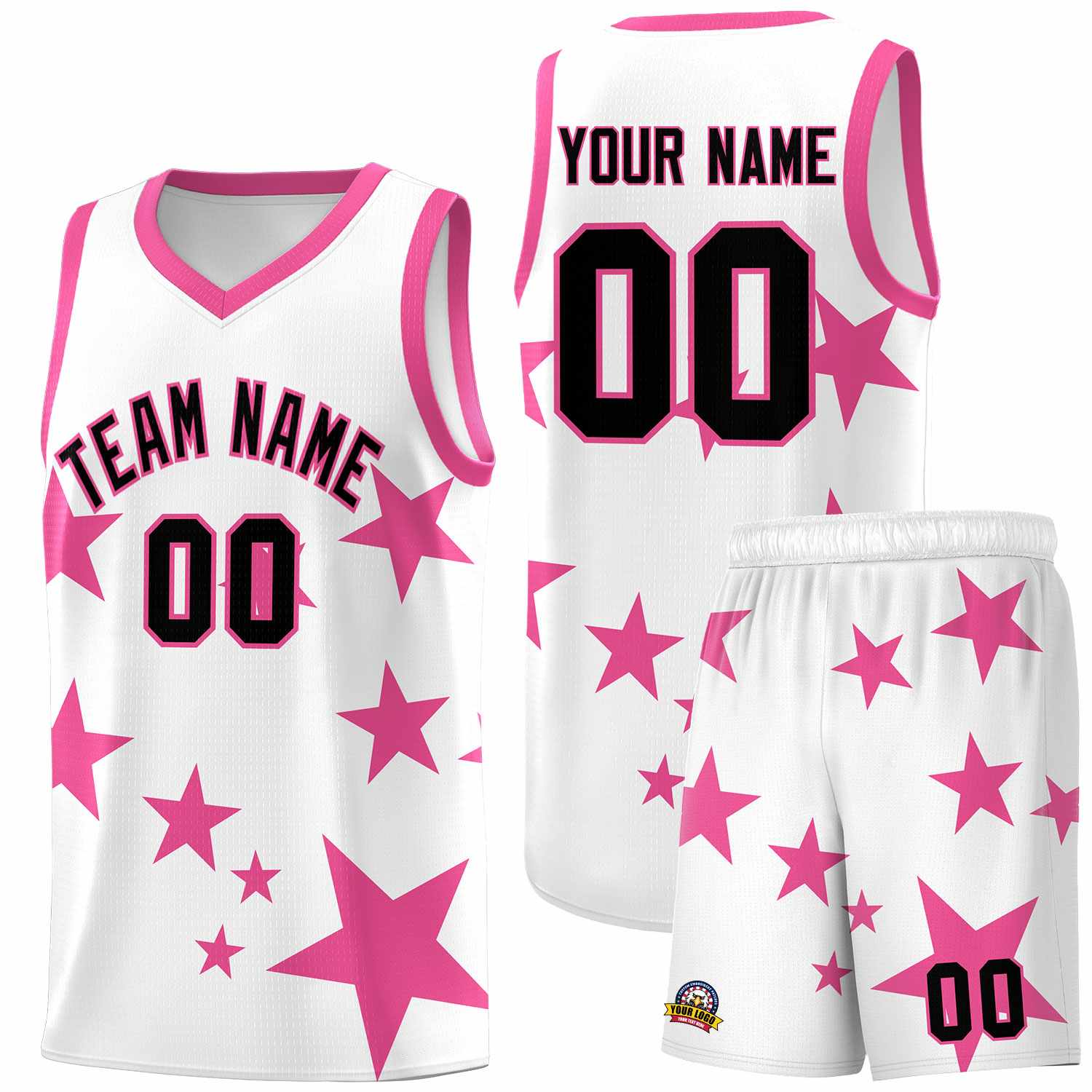 Custom White Pink Graffiti Pattern Star Print Basketball Kits Sets