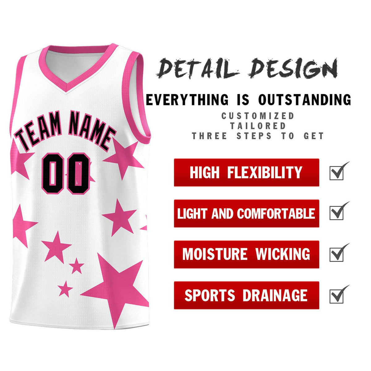 Custom White Pink Graffiti Pattern Star Print Basketball Kits Sets