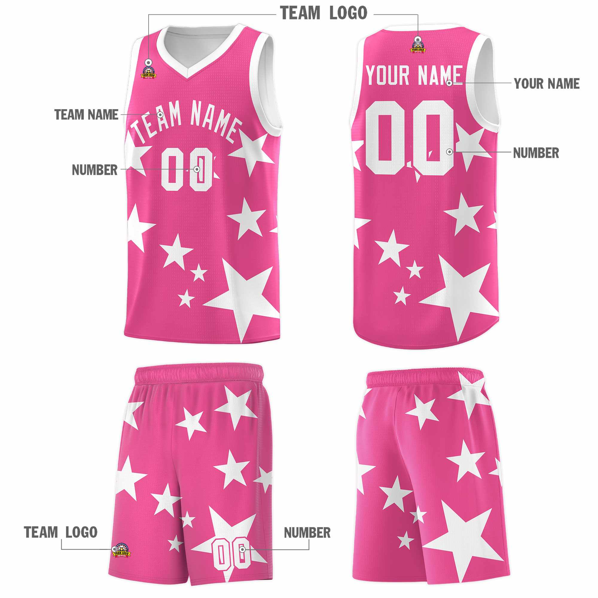 Custom Pink White Graffiti Pattern Star Print Basketball Kits Sets