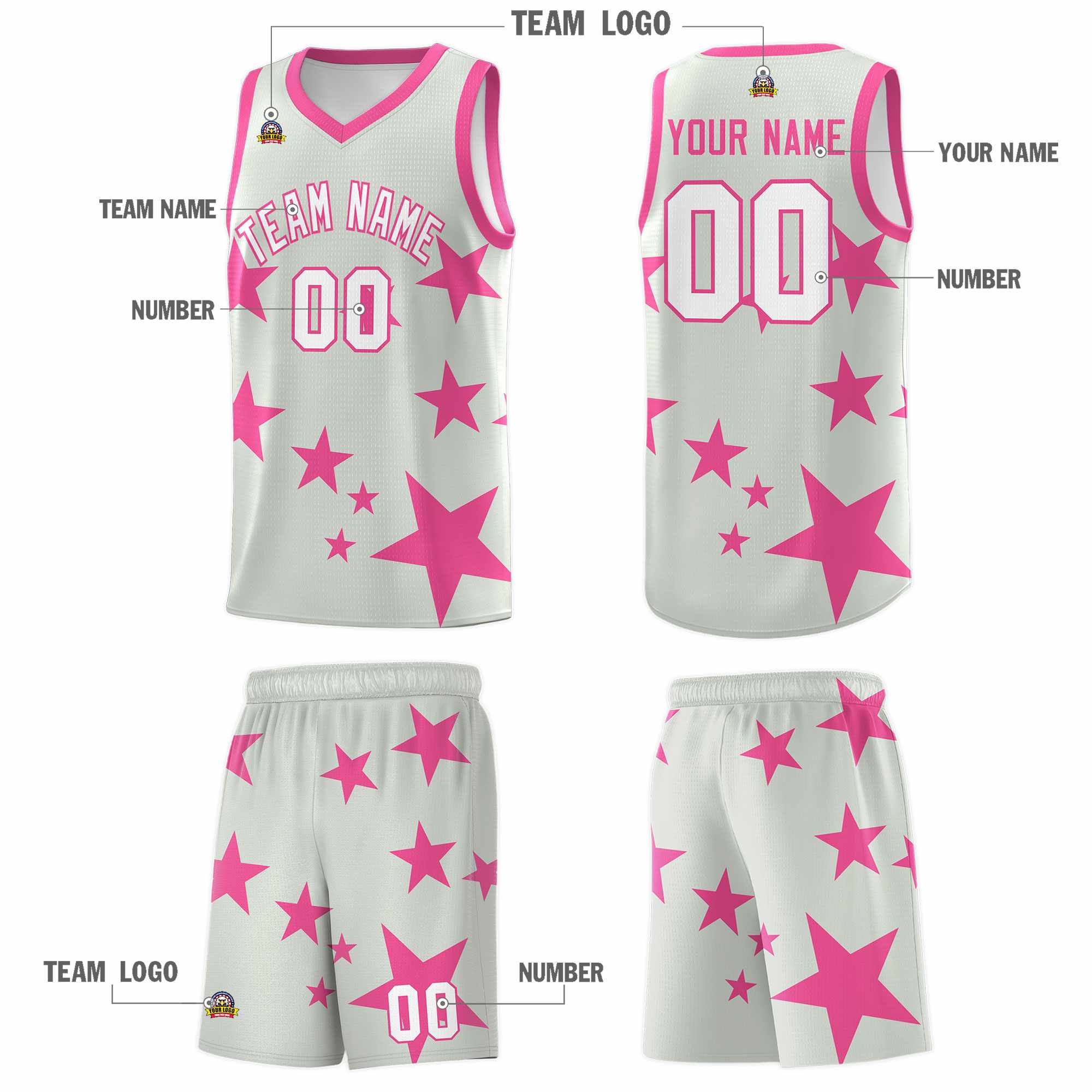 Custom Gray Pink Graffiti Pattern Star Print Basketball Kits Sets