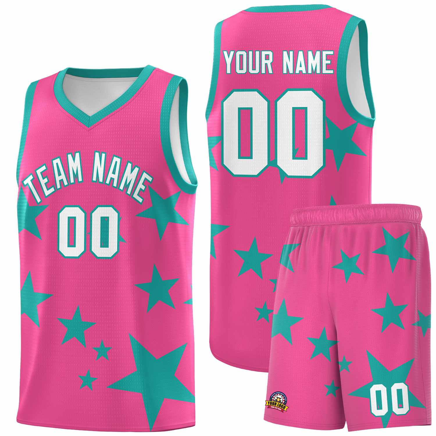 Custom Pink Aqua Graffiti Pattern Star Print Basketball Kits Sets
