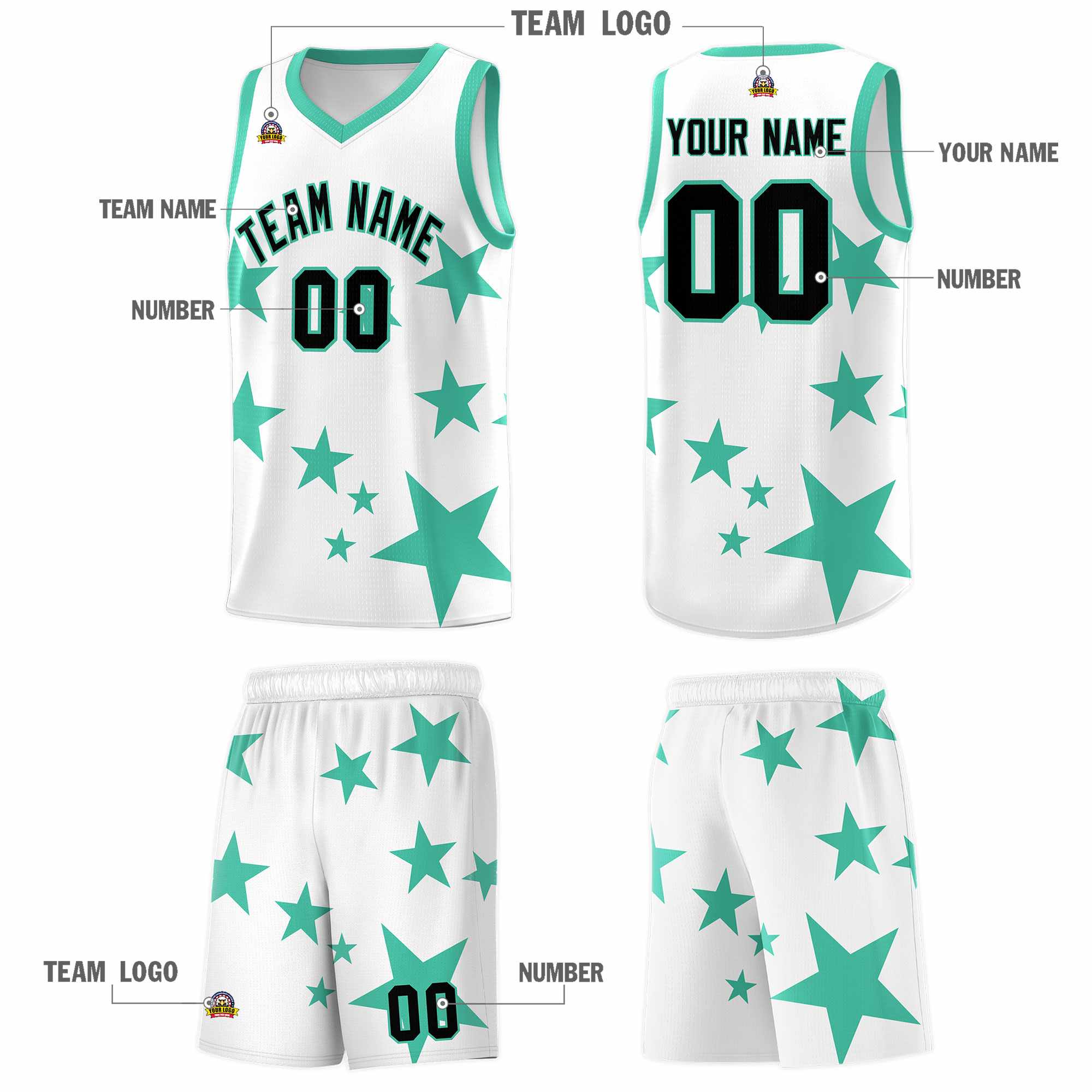 Custom White Bright Green Graffiti Pattern Star Print Basketball Kits Sets