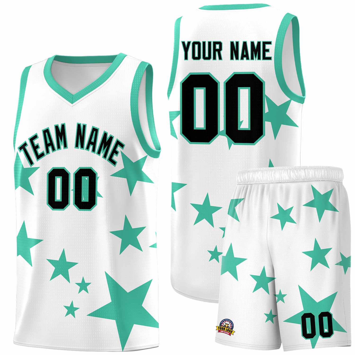 Custom White Bright Green Graffiti Pattern Star Print Basketball Kits Sets