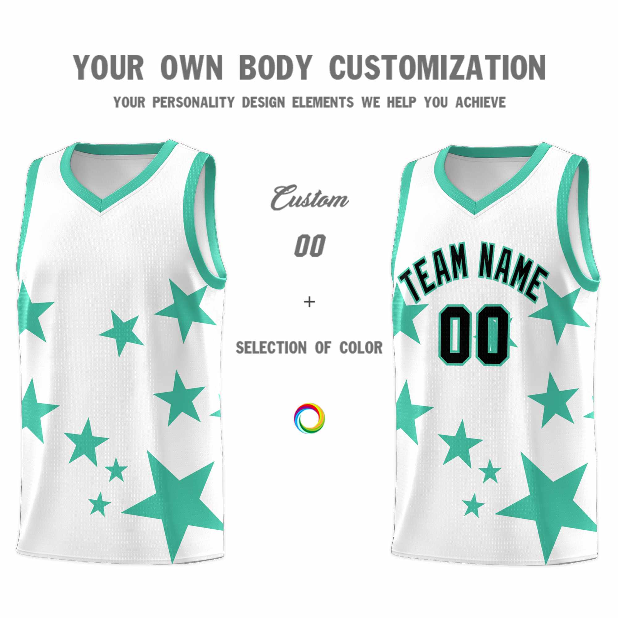 Custom White Bright Green Graffiti Pattern Star Print Basketball Kits Sets