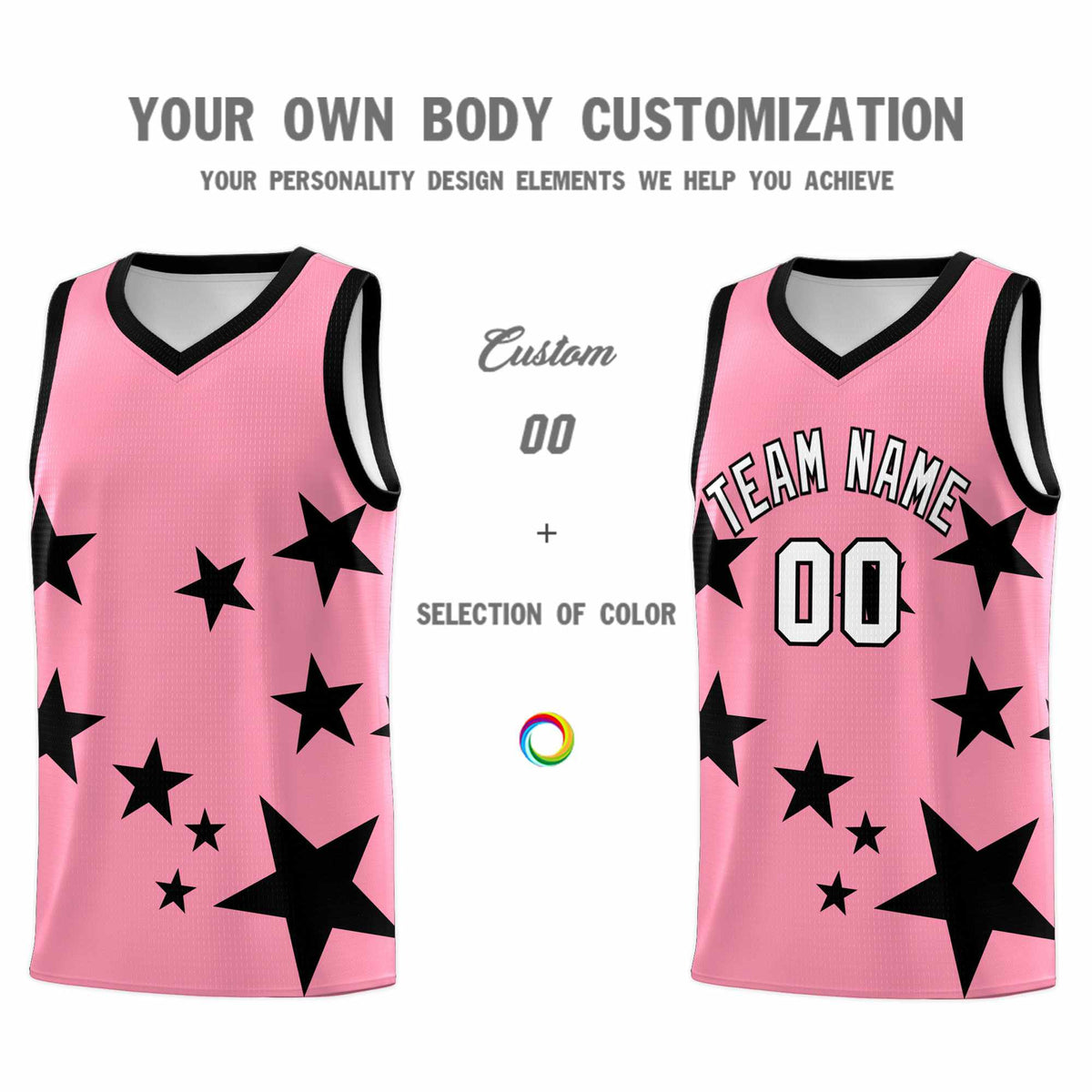 Custom Light Pink Black Graffiti Pattern Star Print Basketball Kits Sets