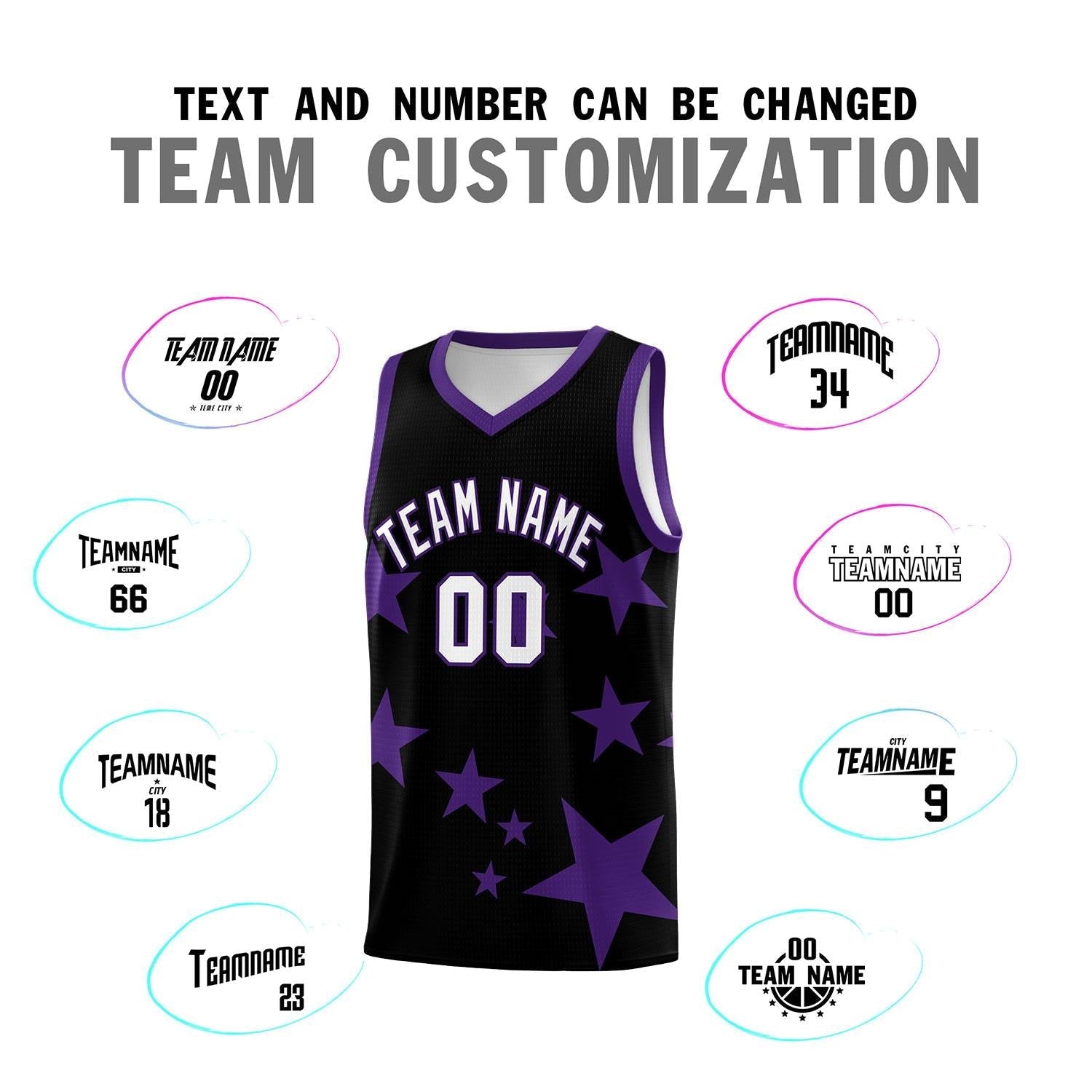 Custom Black Purple Graffiti Pattern Star Print Basketball Kits Sets