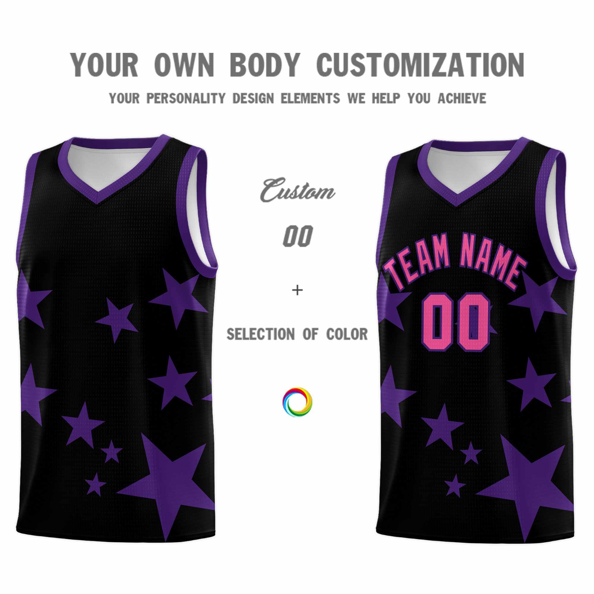 Custom Black Purple Graffiti Pattern Star Print Basketball Kits Sets