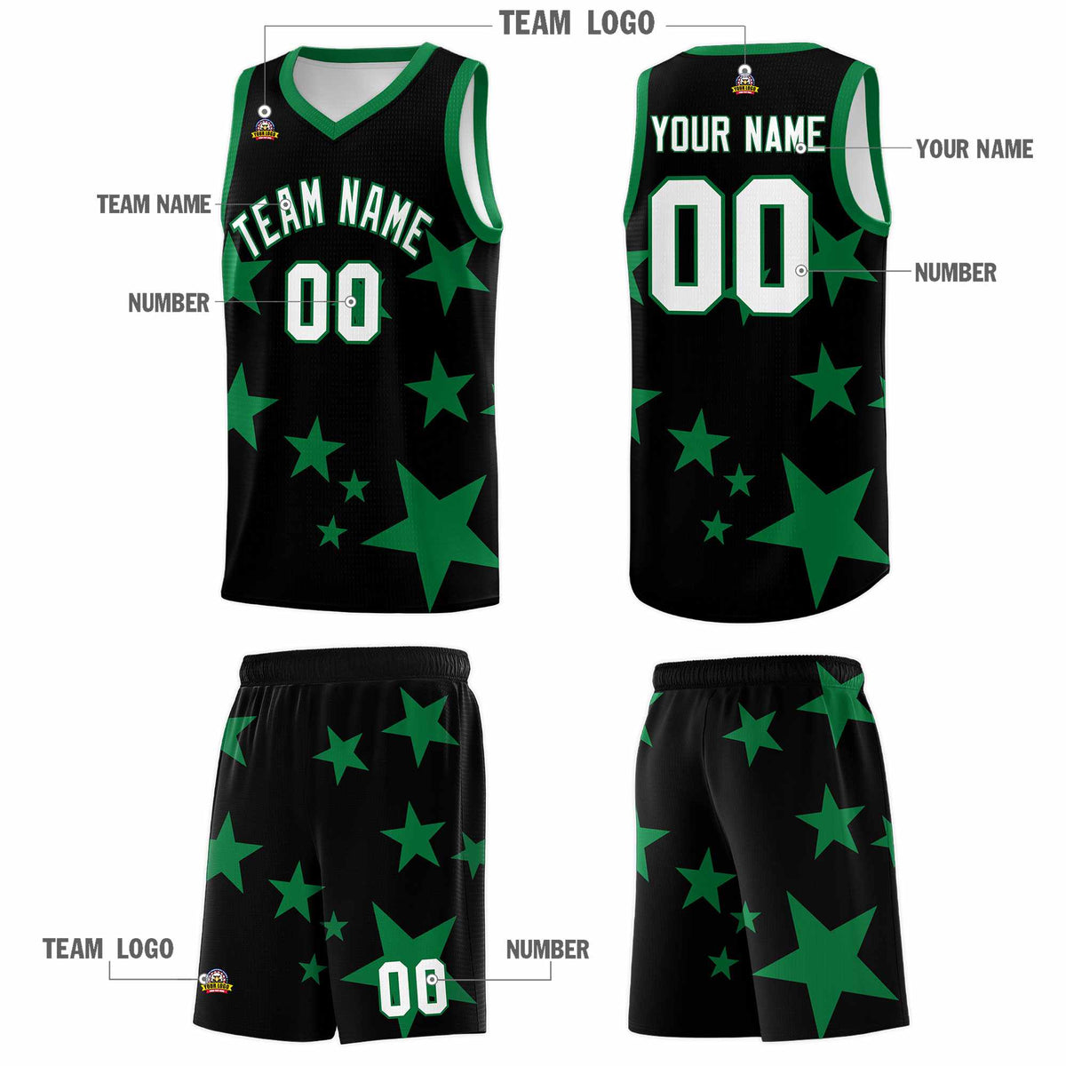 Custom Black Kelly Green Graffiti Pattern Star Print Basketball Kits Sets