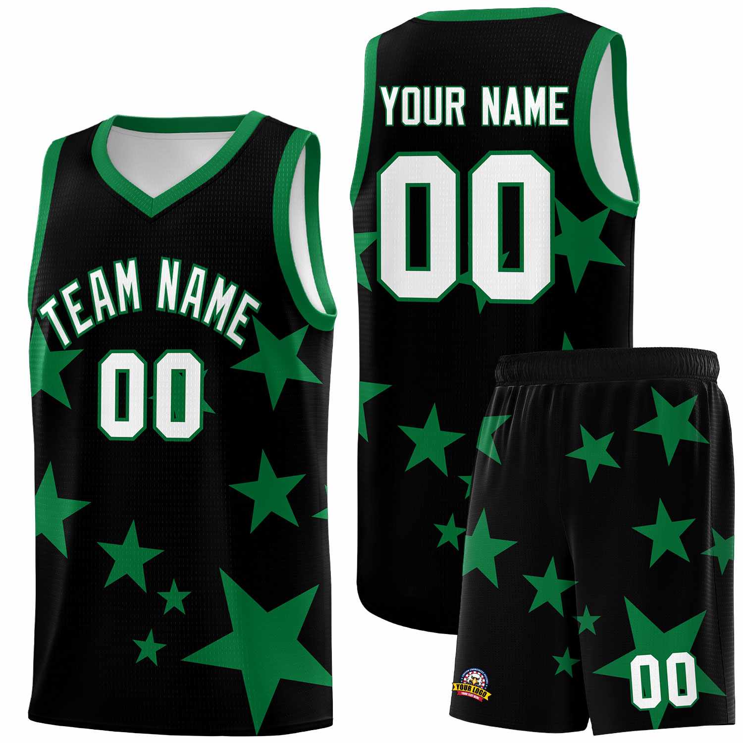 Custom Black Kelly Green Graffiti Pattern Star Print Basketball Kits Sets