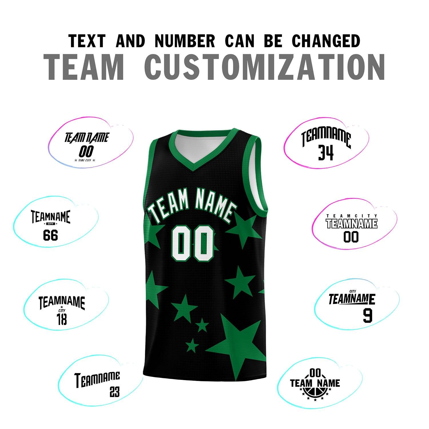 Custom Black Kelly Green Graffiti Pattern Star Print Basketball Kits Sets