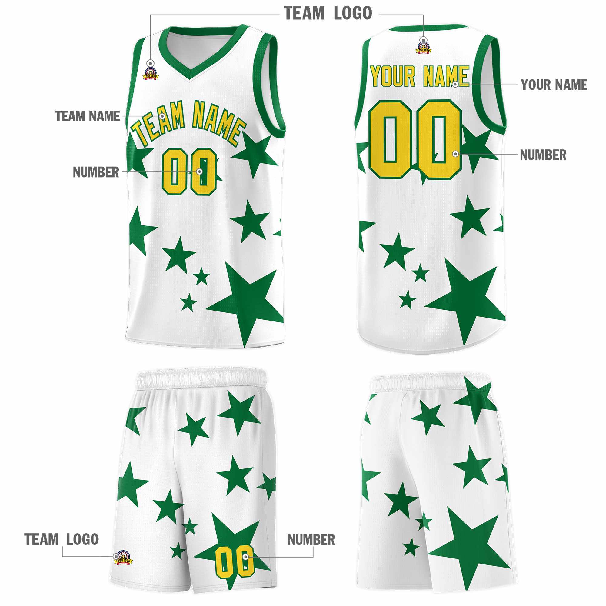 Custom White Kelly Green Graffiti Pattern Star Print Basketball Kits Sets