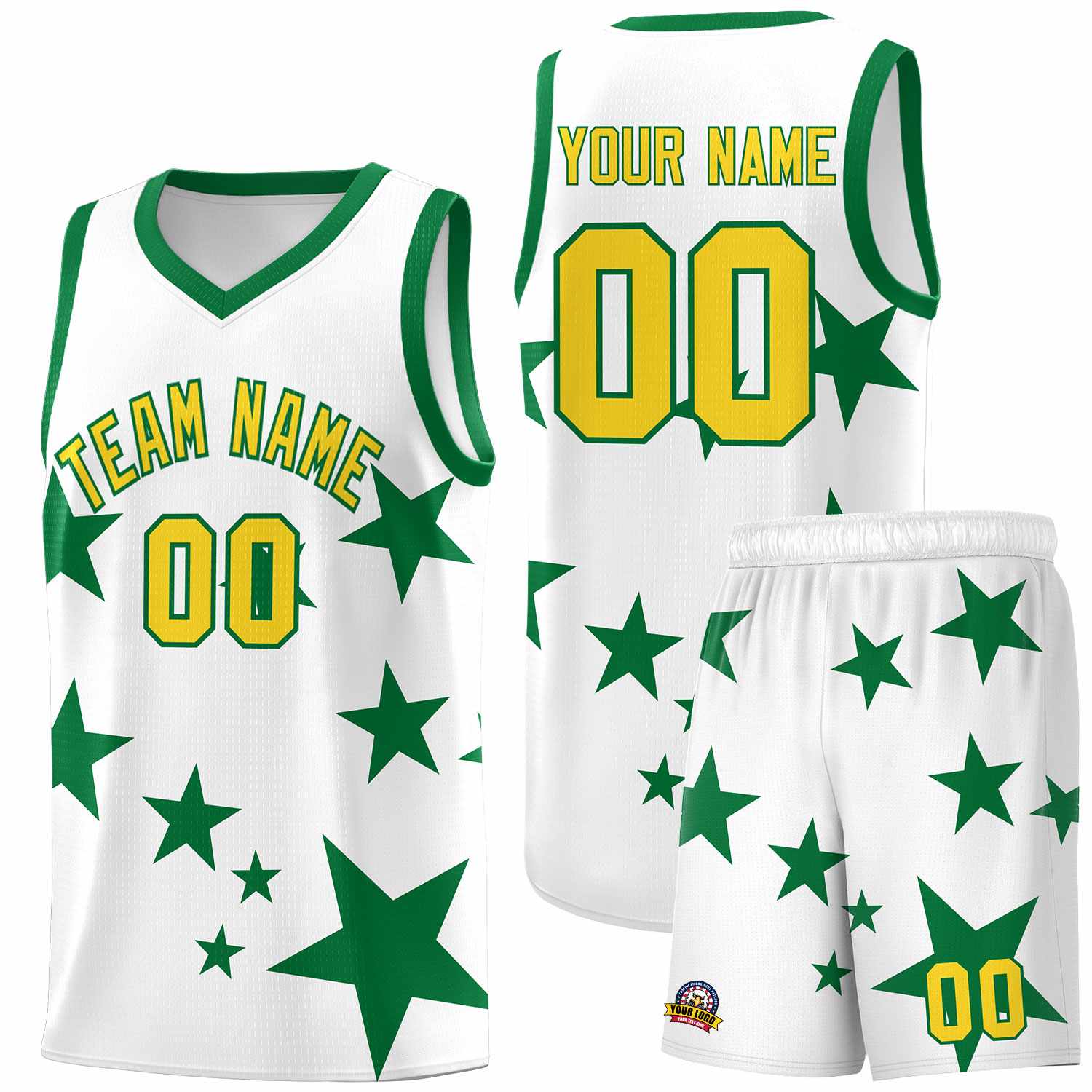 Custom White Kelly Green Graffiti Pattern Star Print Basketball Kits Sets