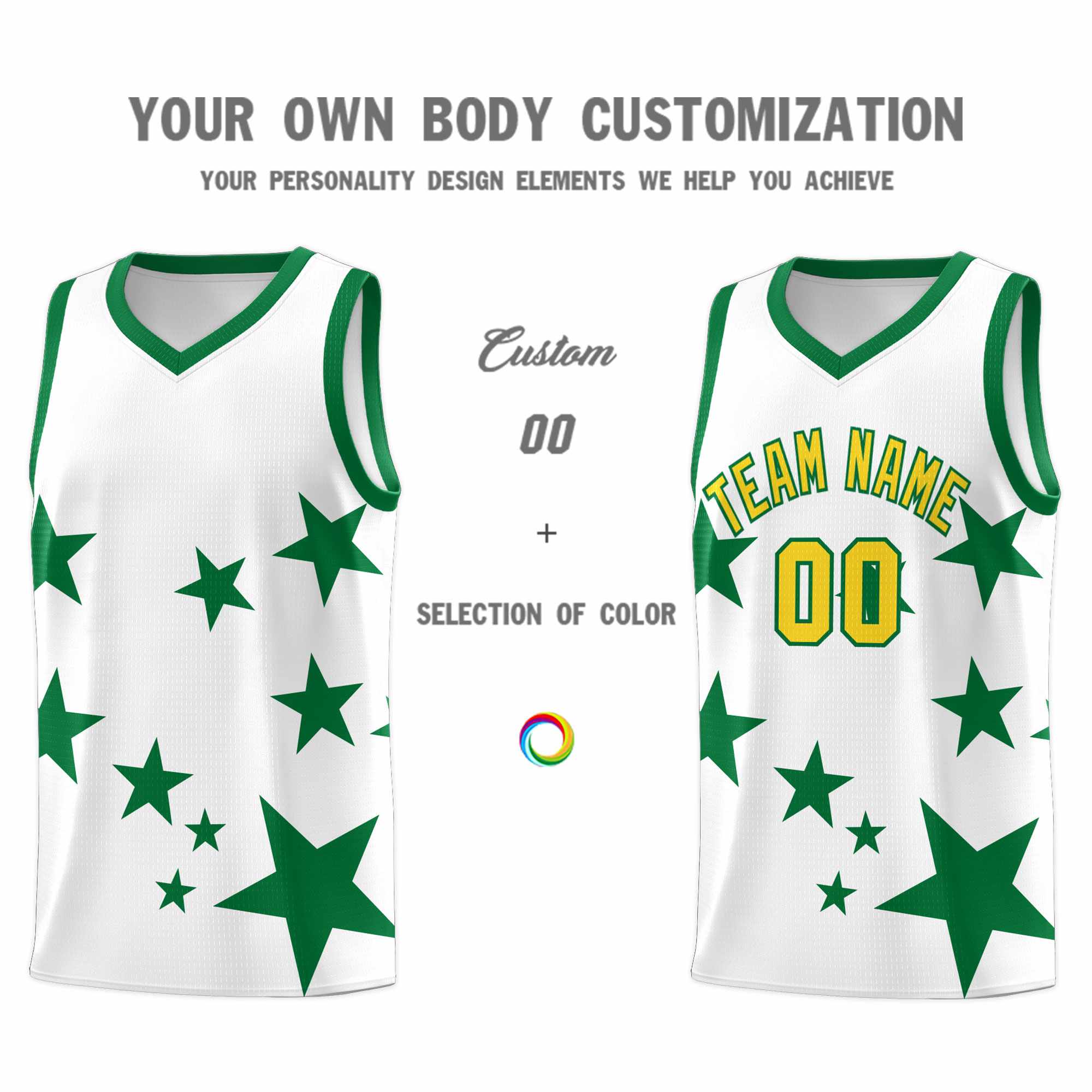 Custom White Kelly Green Graffiti Pattern Star Print Basketball Kits Sets