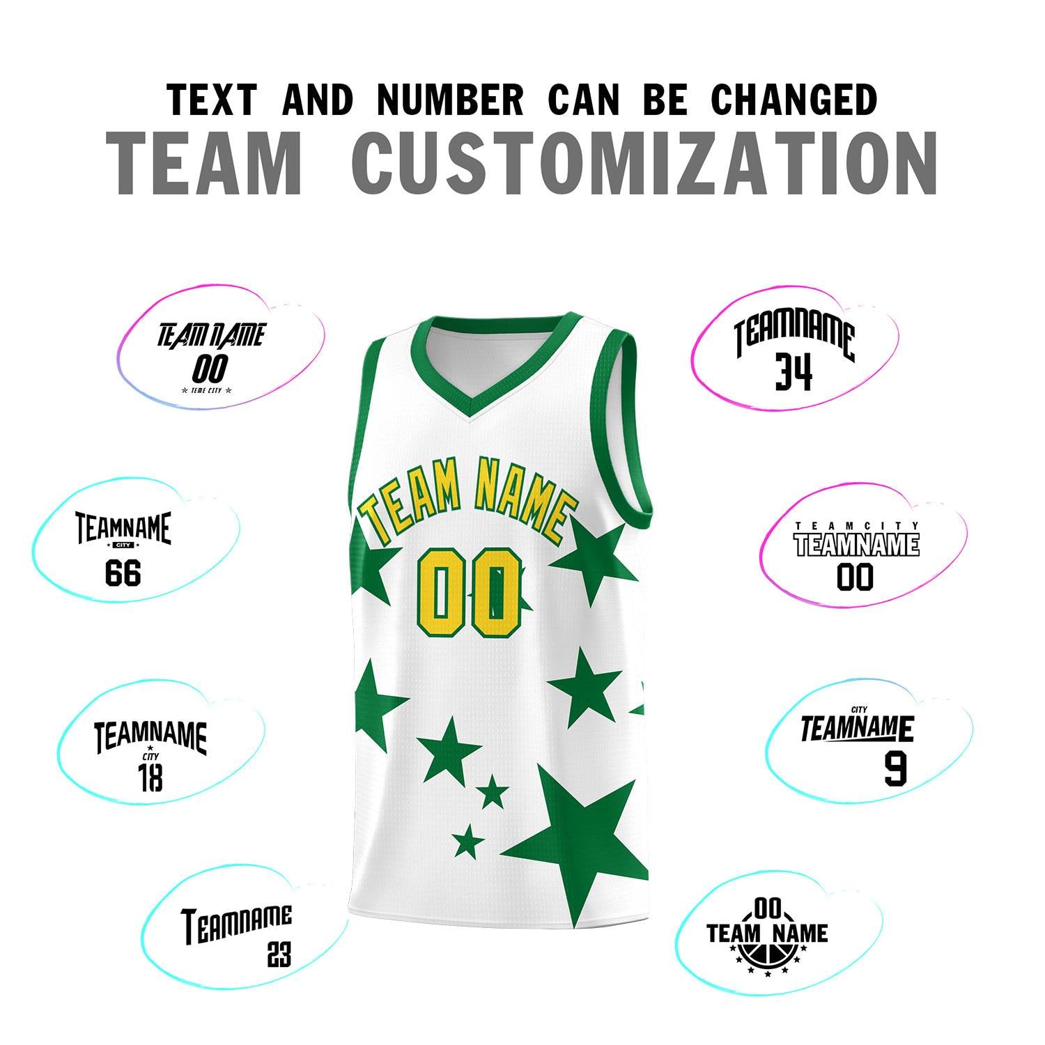 Custom White Kelly Green Graffiti Pattern Star Print Basketball Kits Sets