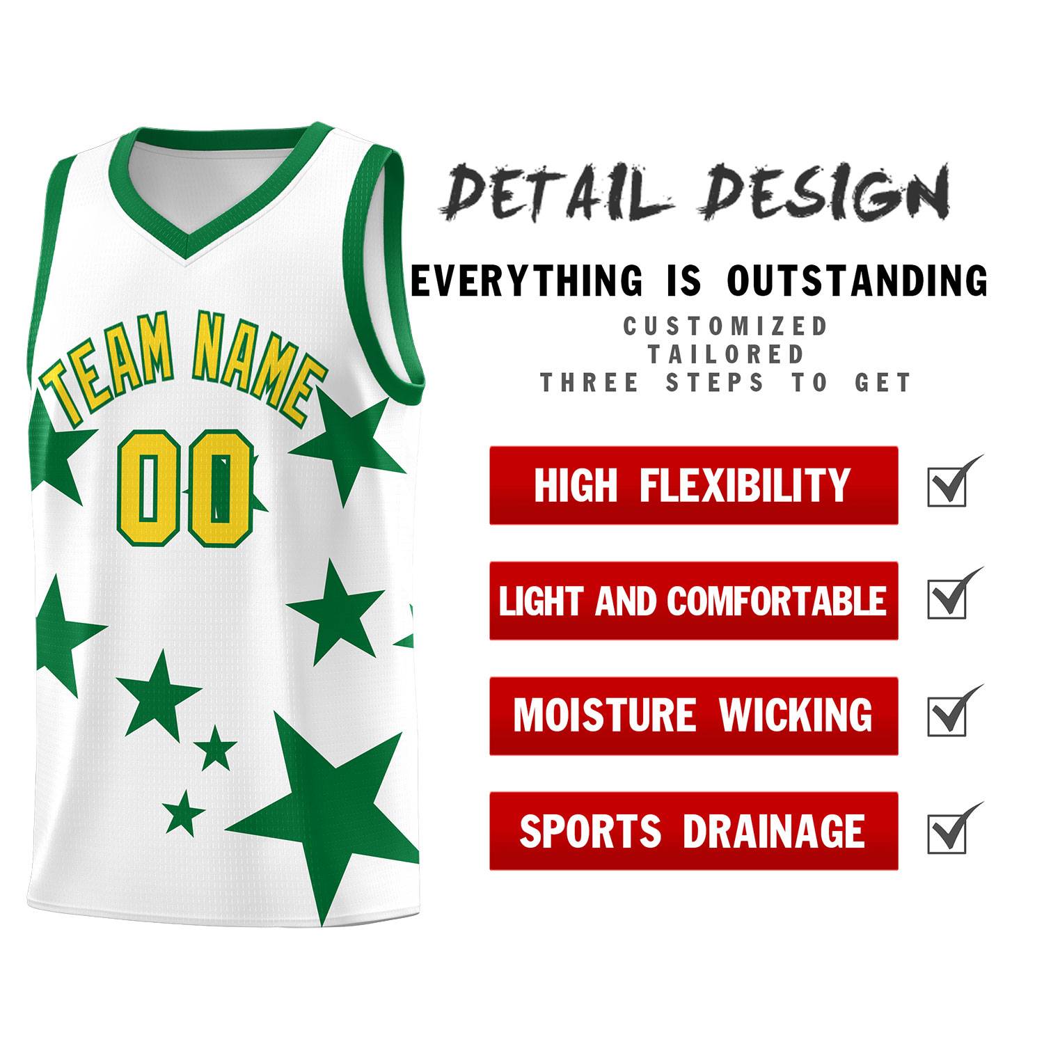Custom White Kelly Green Graffiti Pattern Star Print Basketball Kits Sets
