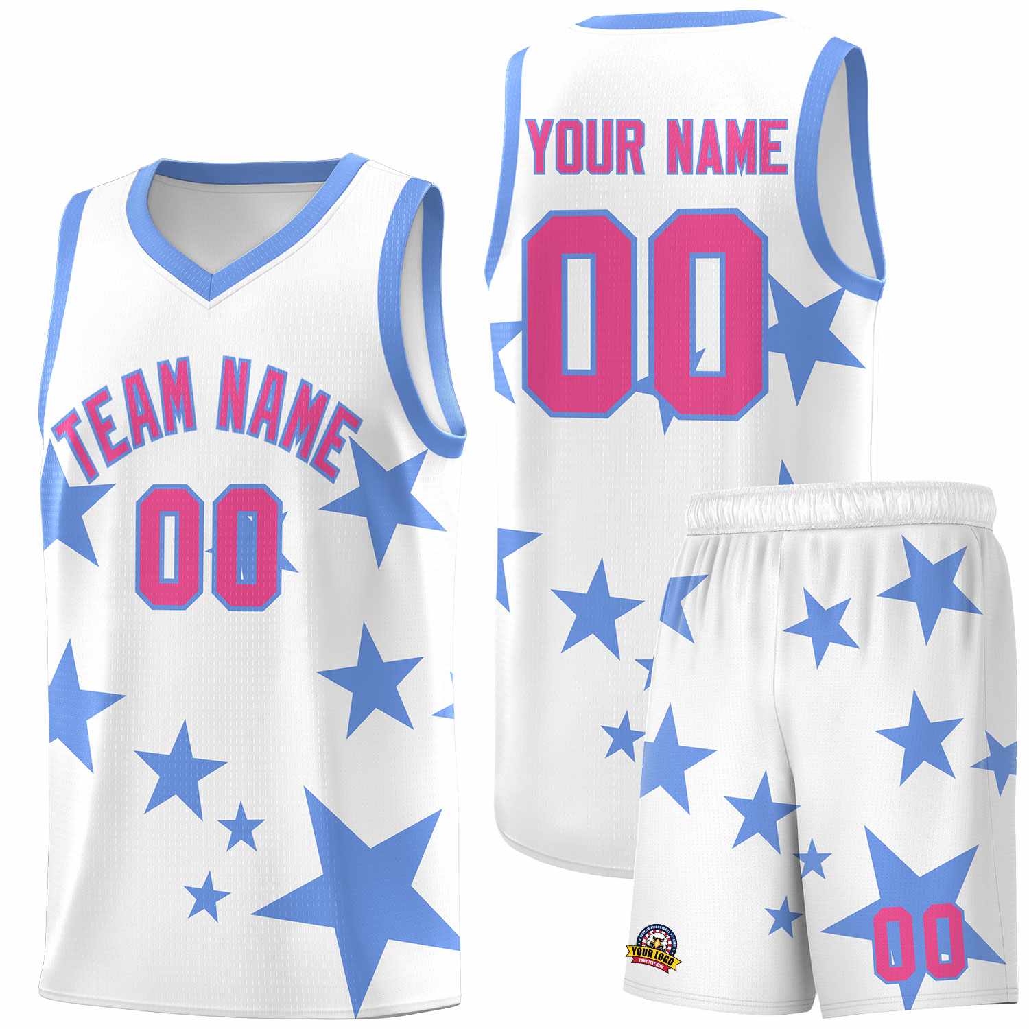Custom White Light Blue Graffiti Pattern Star Print Basketball Kits Sets