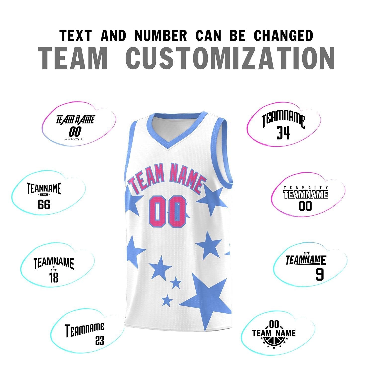 Custom White Light Blue Graffiti Pattern Star Print Basketball Kits Sets