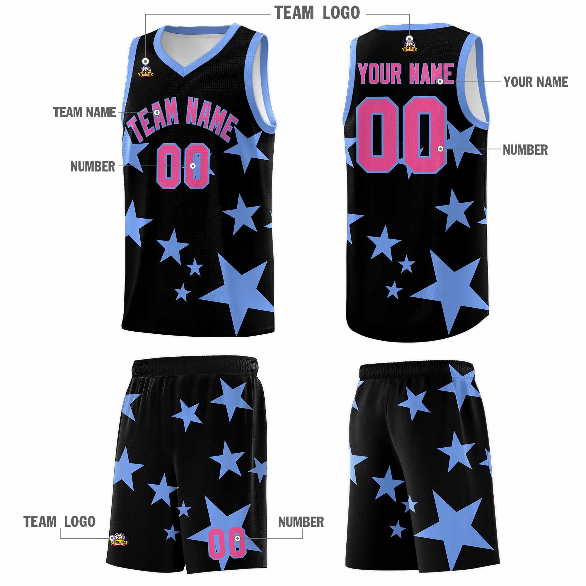 Custom Black Light Blue Graffiti Pattern Star Print Basketball Kits Sets