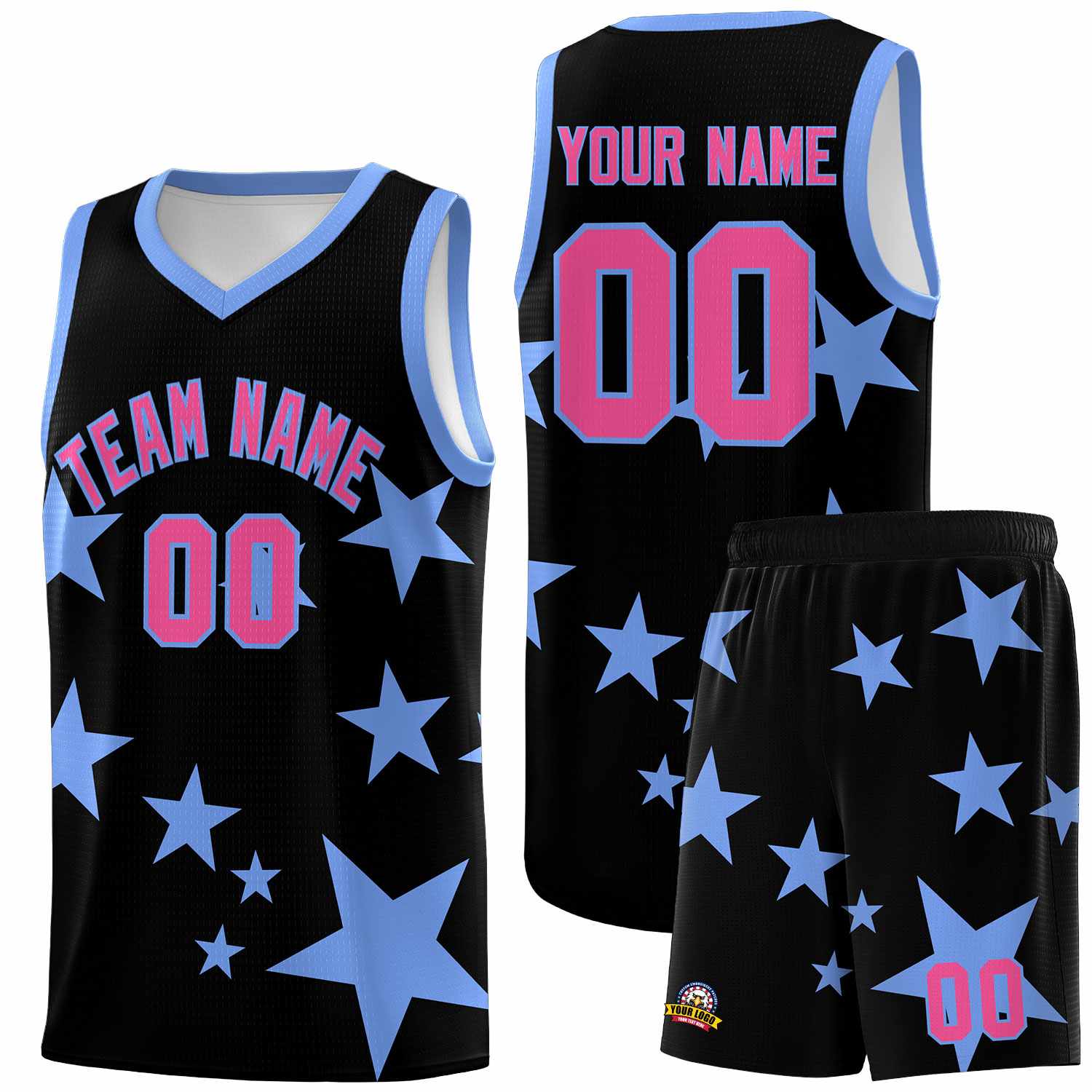 Custom Black Light Blue Graffiti Pattern Star Print Basketball Kits Sets