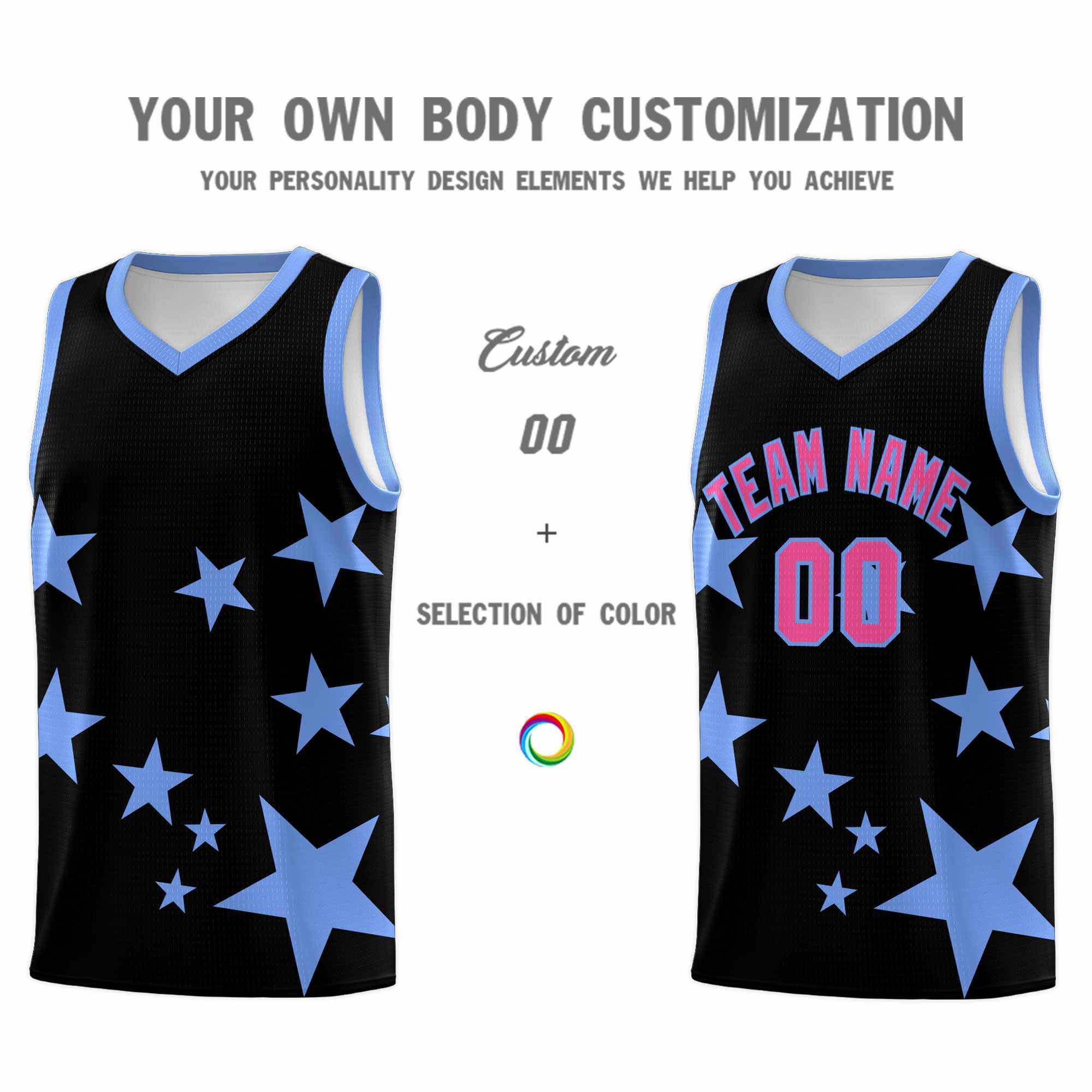 Custom Black Light Blue Graffiti Pattern Star Print Basketball Kits Sets