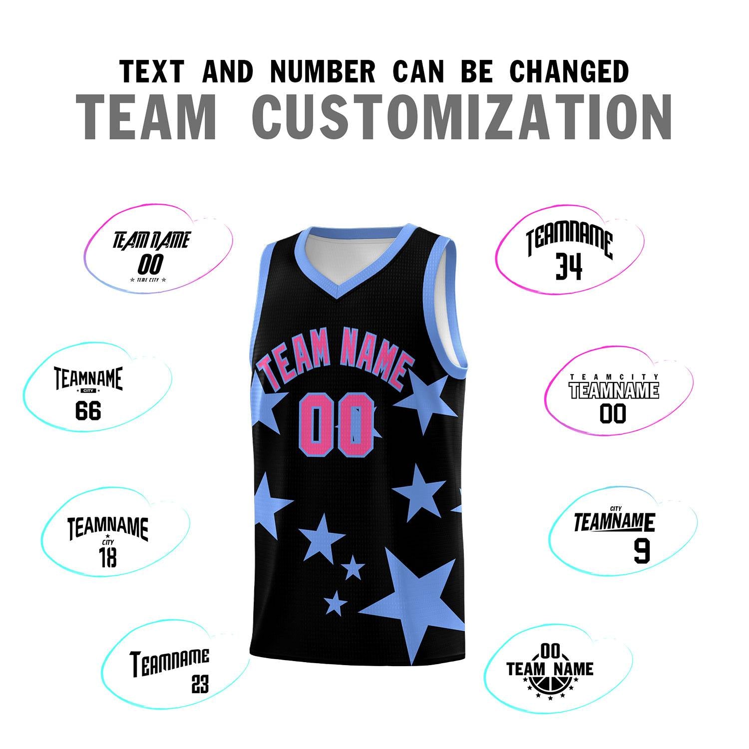 Custom Black Light Blue Graffiti Pattern Star Print Basketball Kits Sets