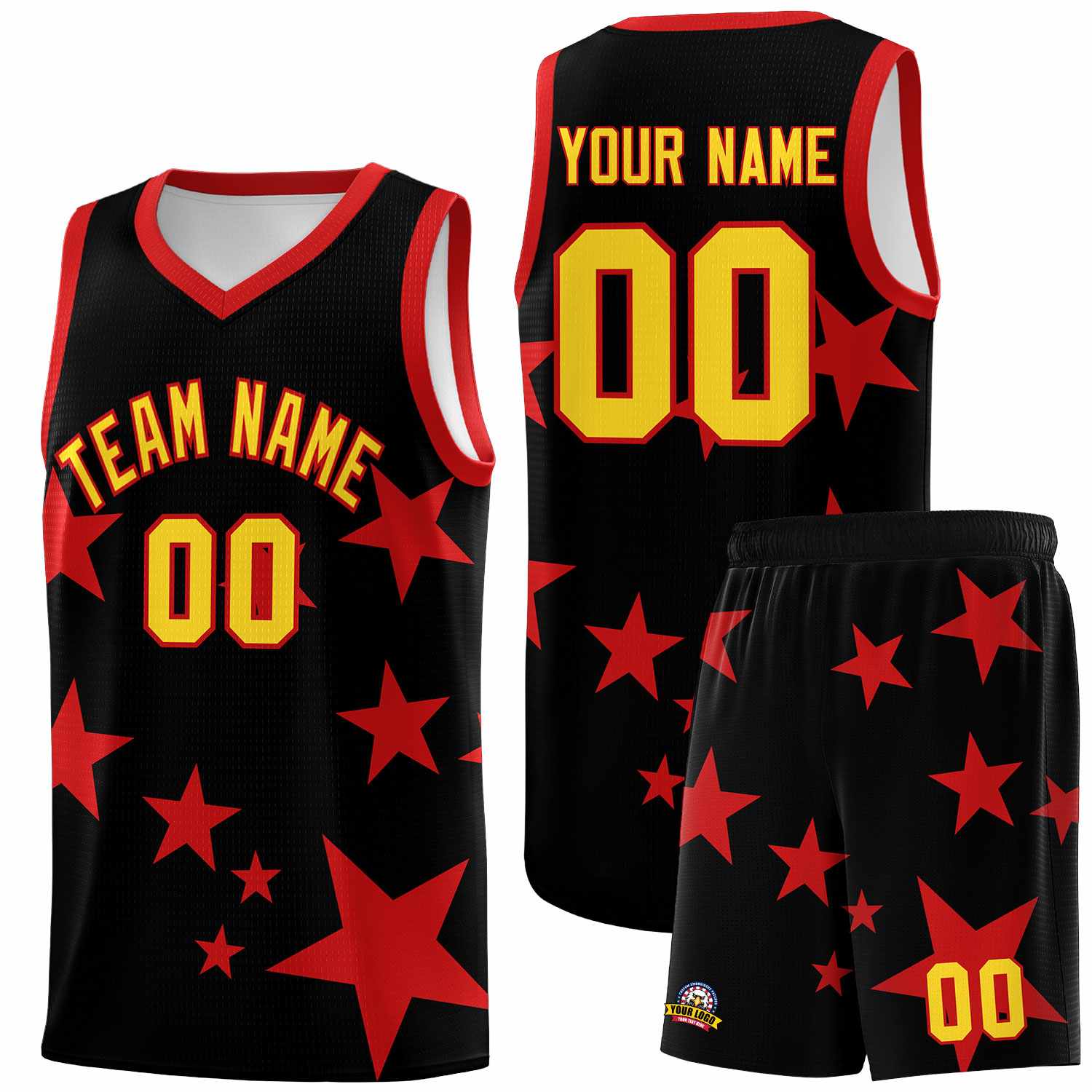 Custom Black Red Graffiti Pattern Star Print Basketball Kits Sets