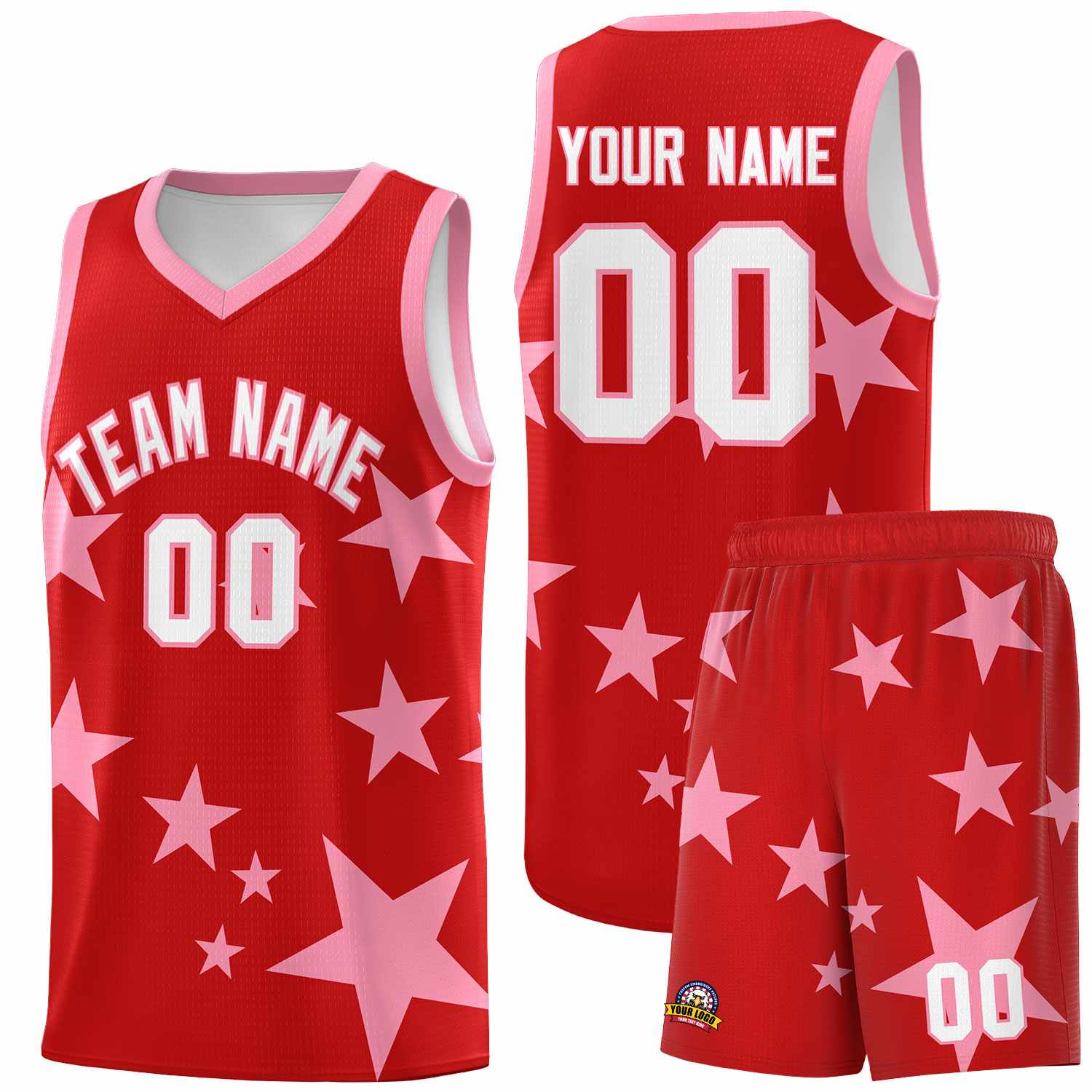 Custom Red Light Pink Graffiti Pattern Star Print Basketball Kits Sets