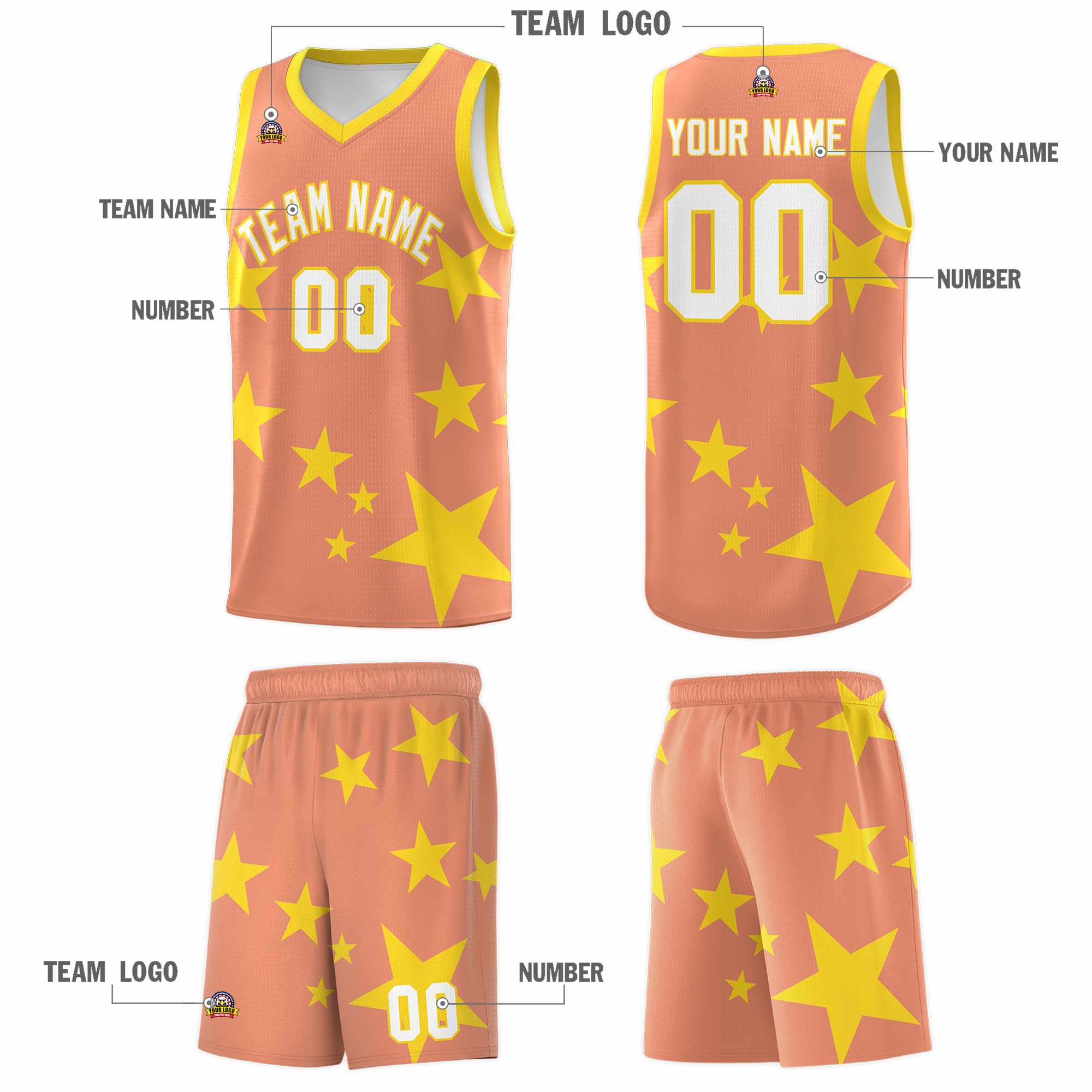 Custom Light Orange Gold Graffiti Pattern Star Print Basketball Kits Sets