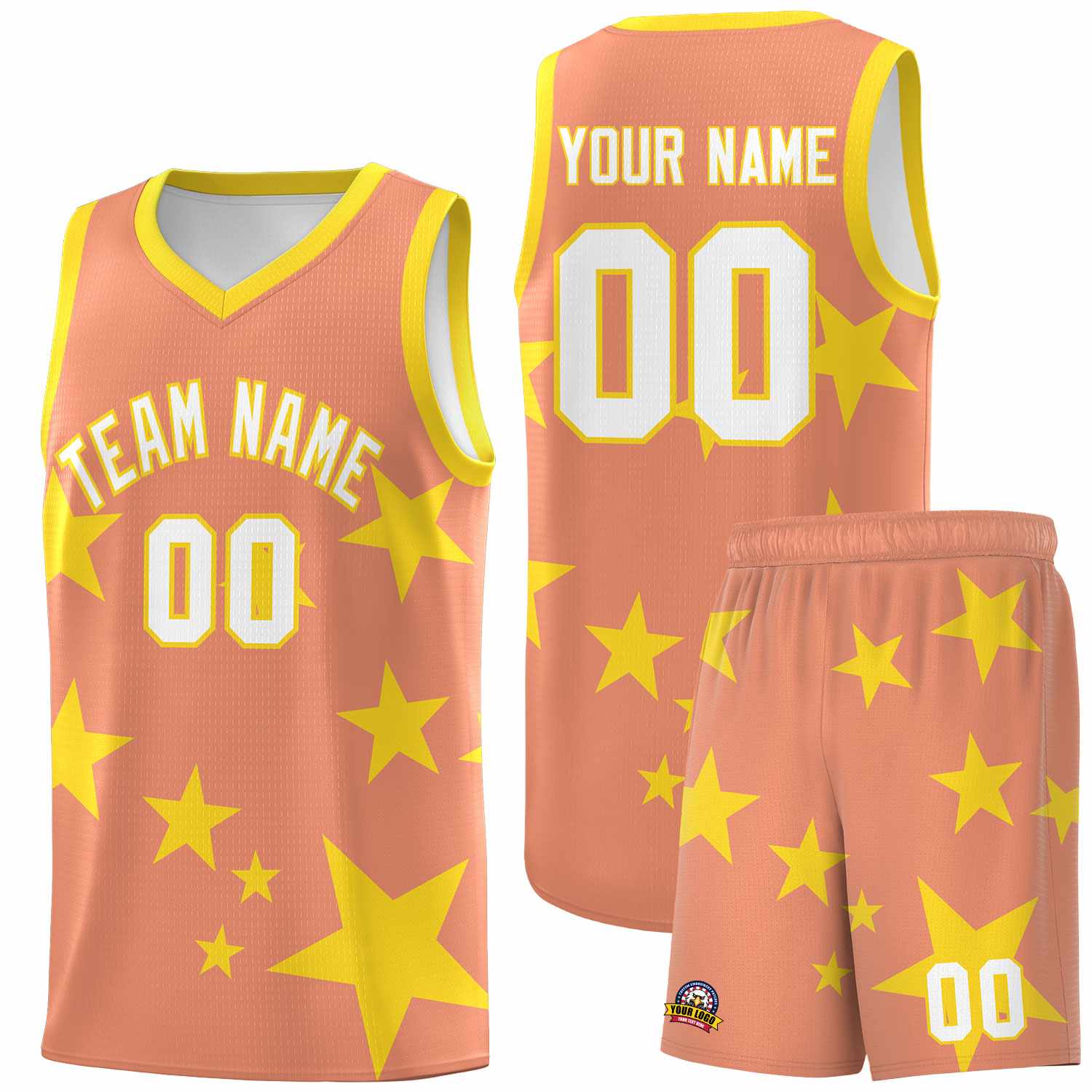 Custom Light Orange Gold Graffiti Pattern Star Print Basketball Kits Sets