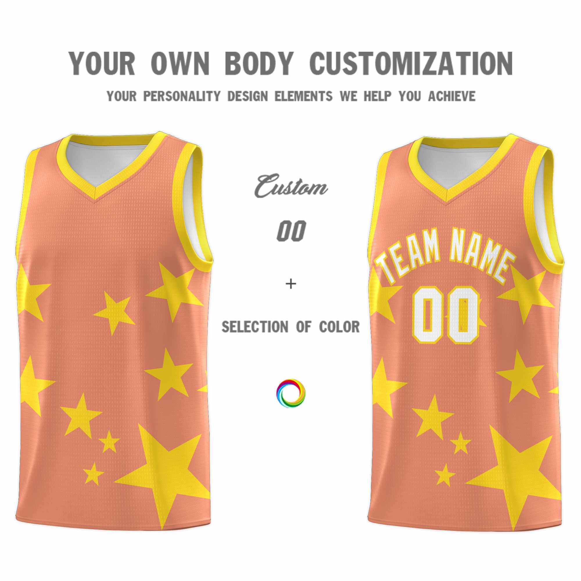 Custom Light Orange Gold Graffiti Pattern Star Print Basketball Kits Sets