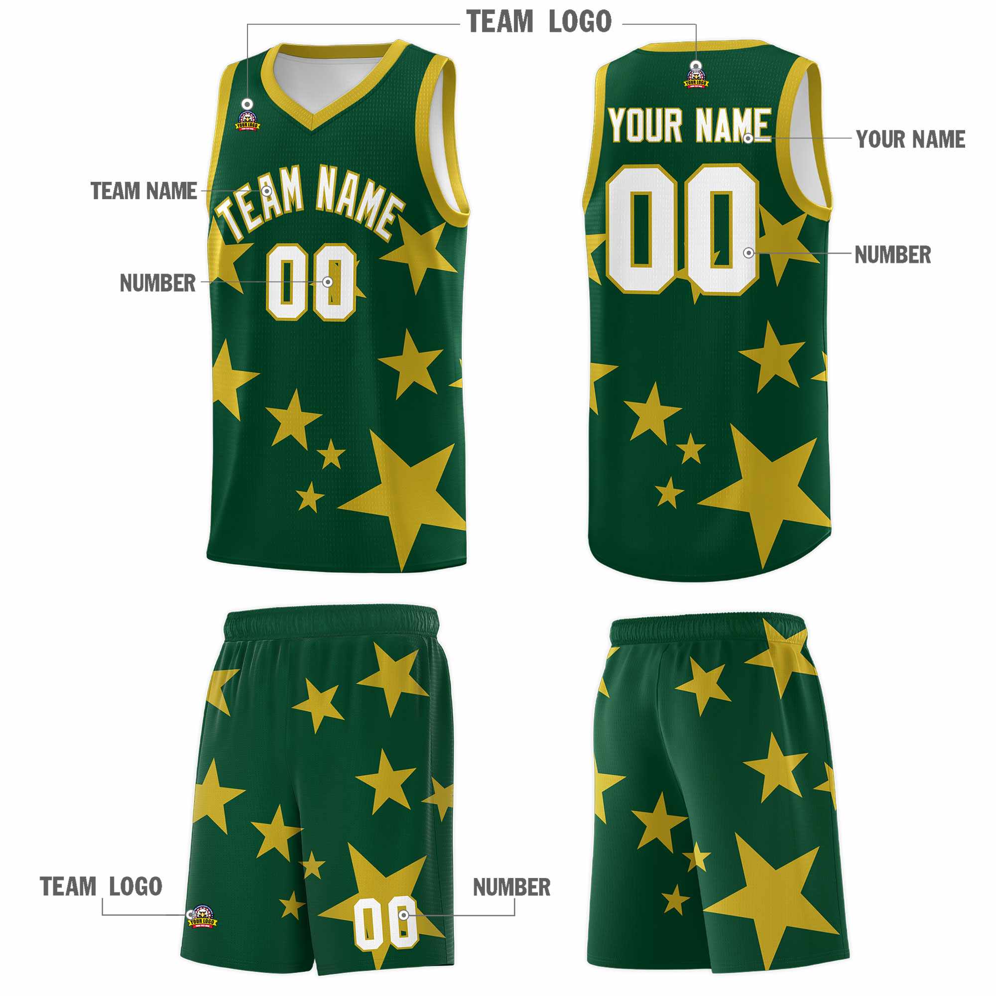 Custom Green Old Gold Graffiti Pattern Star Print Basketball Kits Sets
