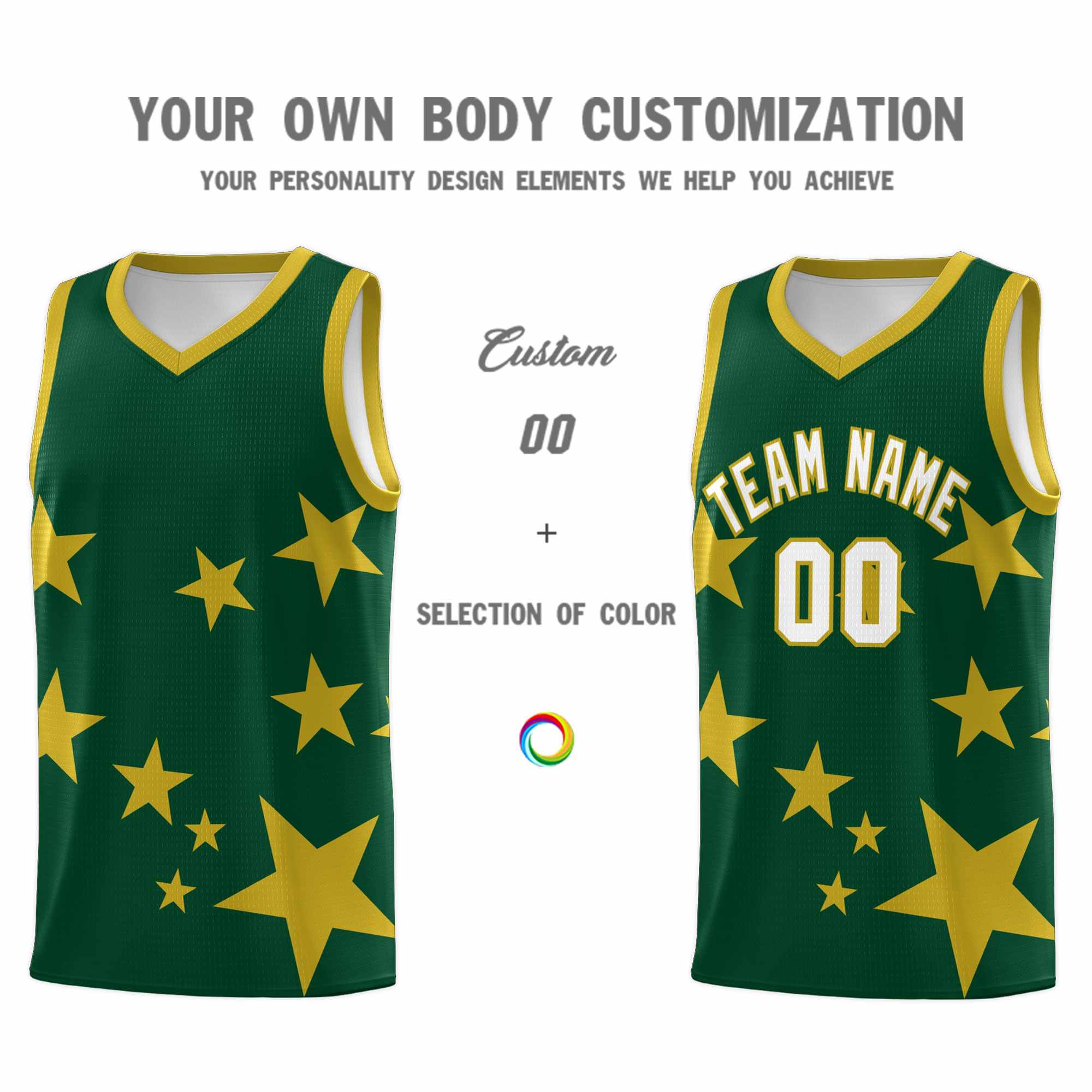 Custom Green Old Gold Graffiti Pattern Star Print Basketball Kits Sets