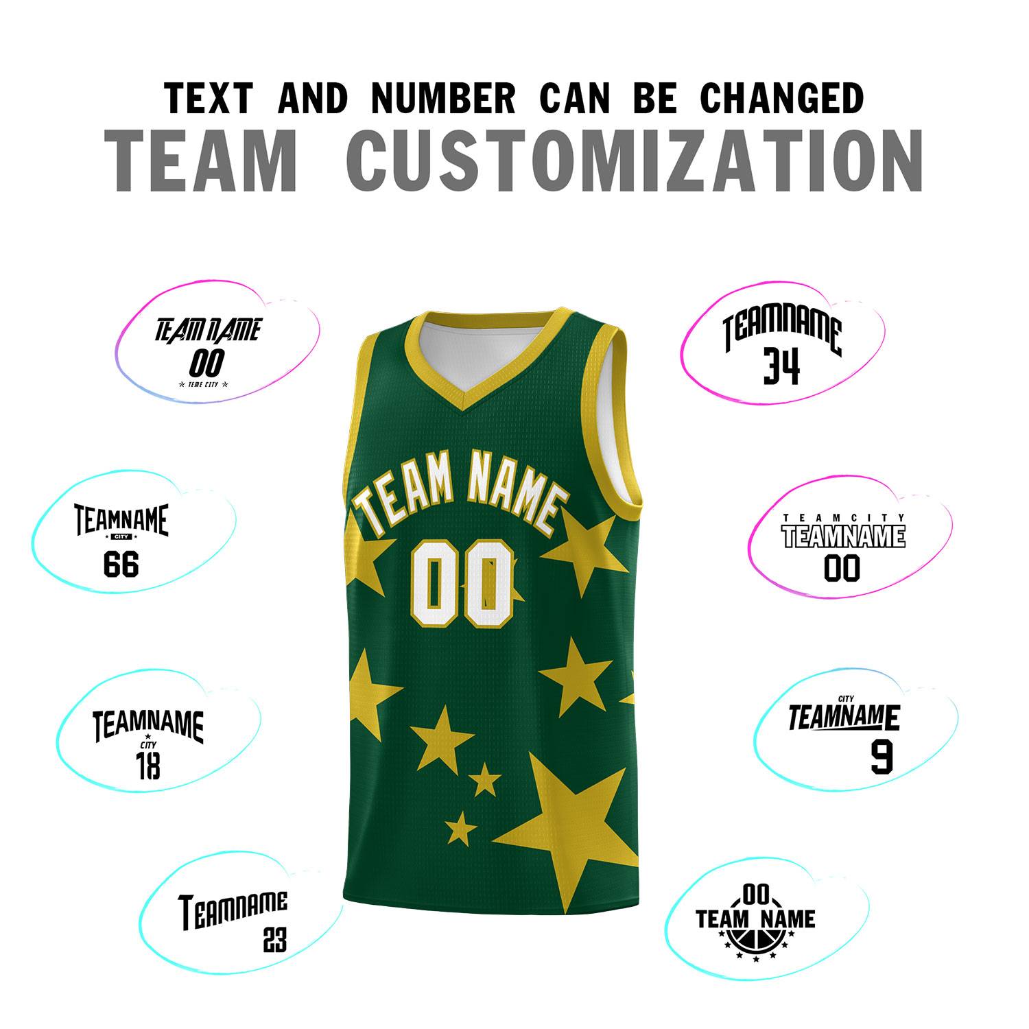 Custom Green Old Gold Graffiti Pattern Star Print Basketball Kits Sets