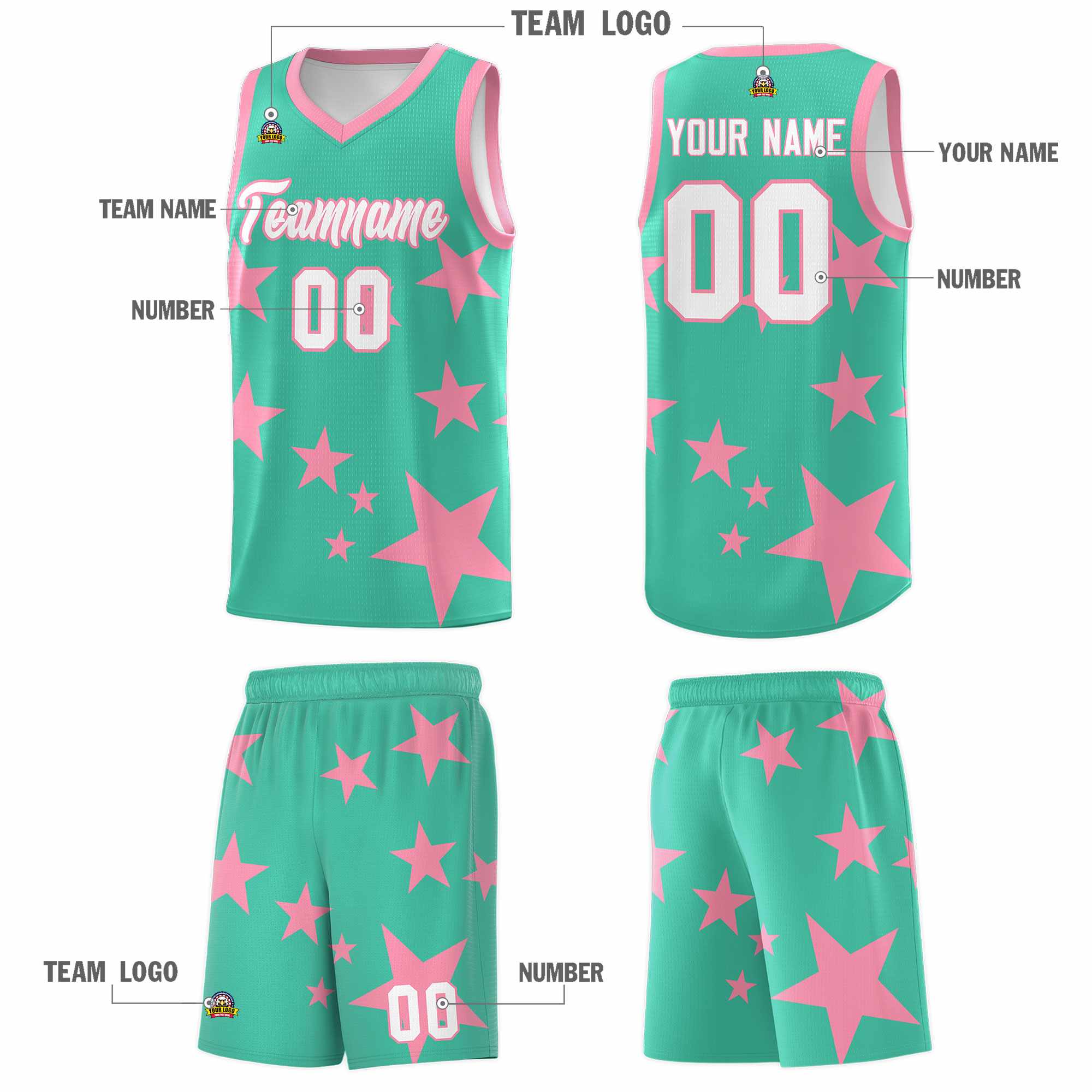 Custom Bright Green Light Pink Graffiti Pattern Star Print Basketball Kits Sets
