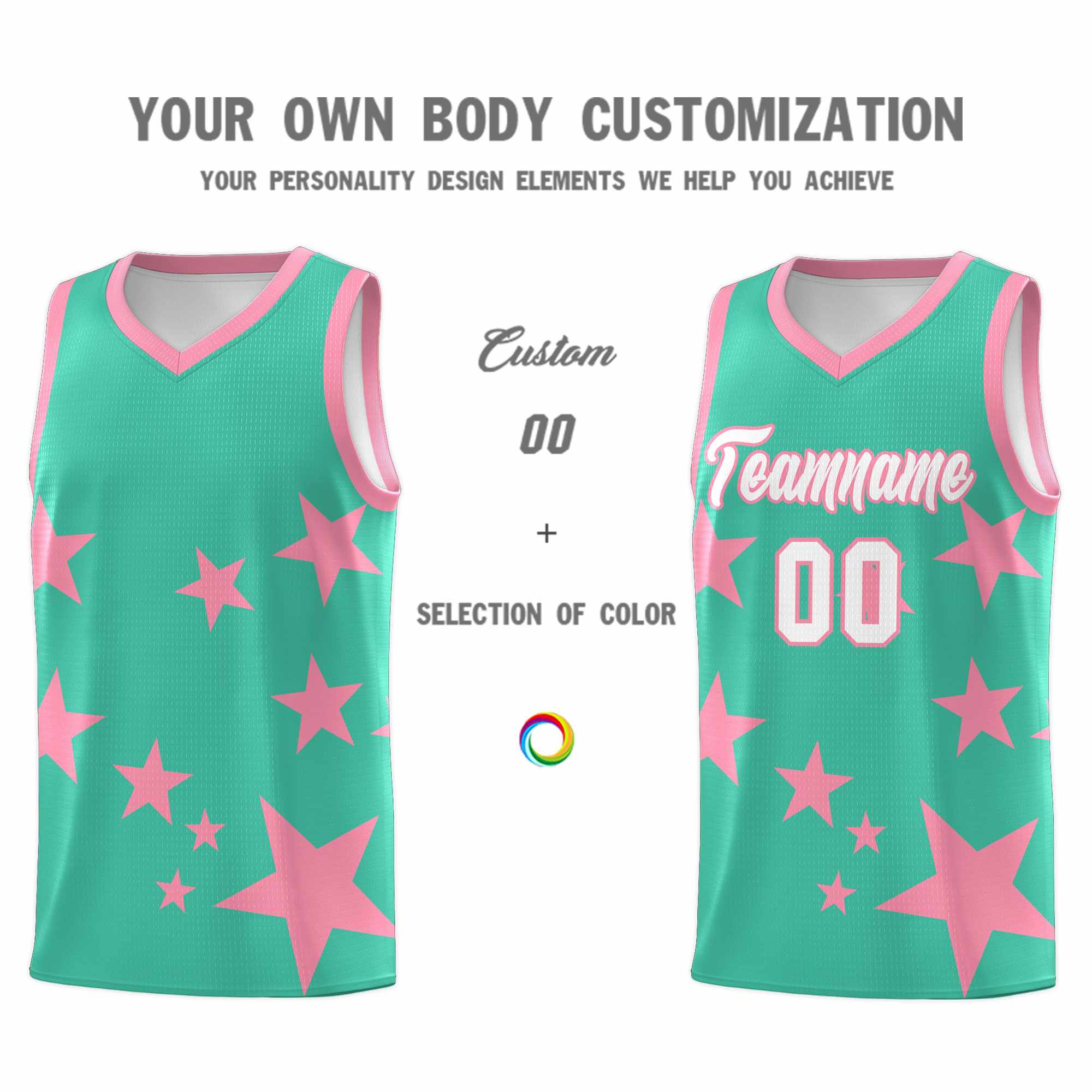 Custom Bright Green Light Pink Graffiti Pattern Star Print Basketball Kits Sets