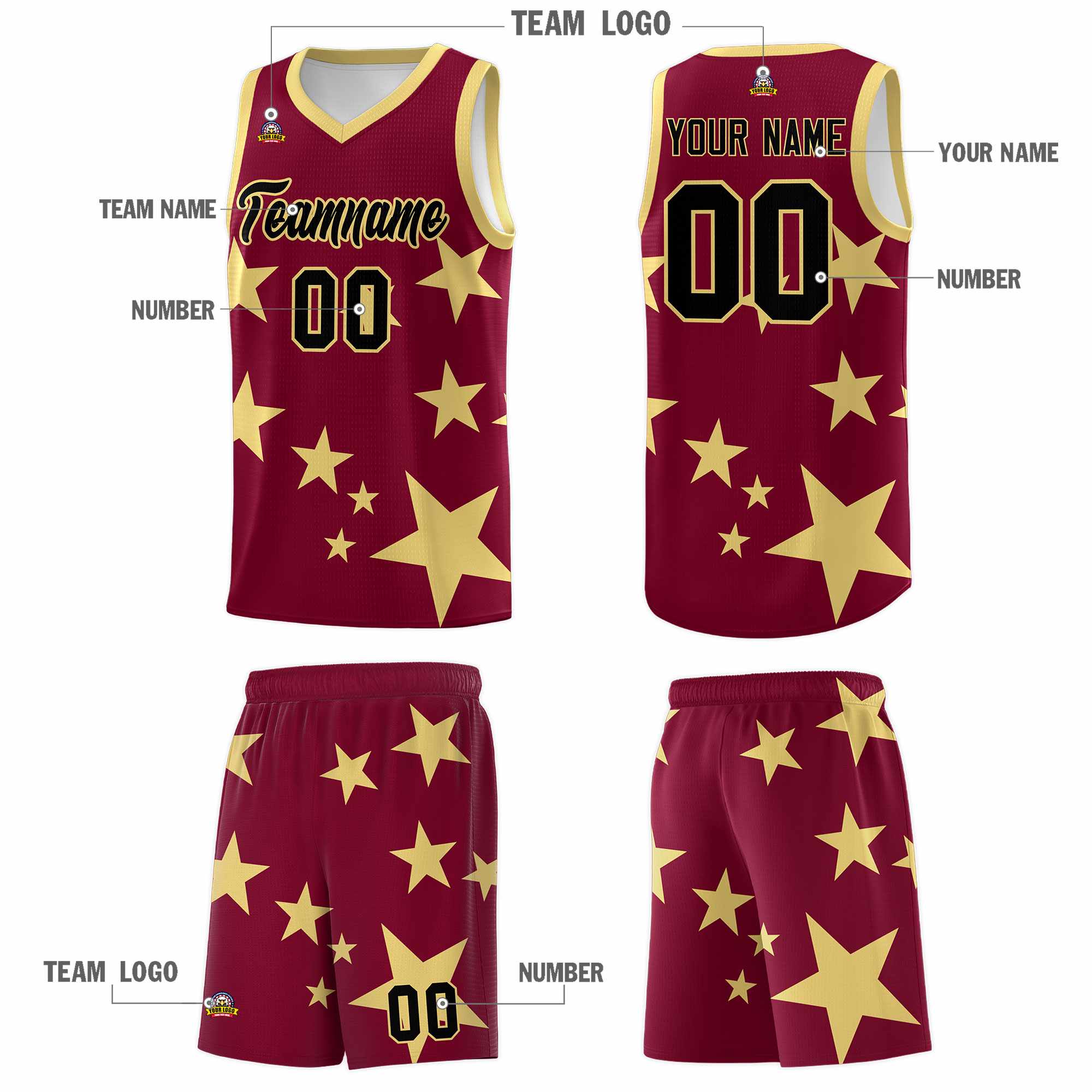 Custom Crimson Khaki Graffiti Pattern Star Print Basketball Kits Sets