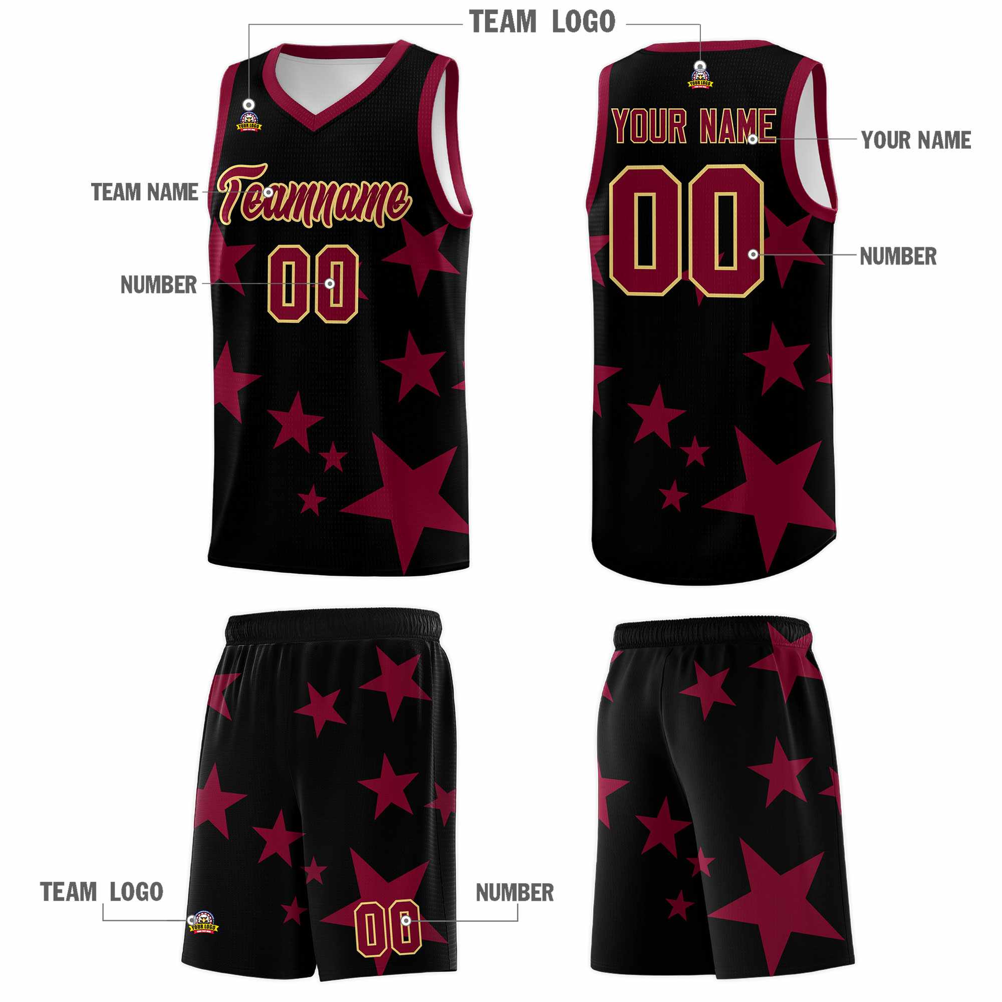 Custom Black Crimson Graffiti Pattern Star Print Basketball Kits Sets