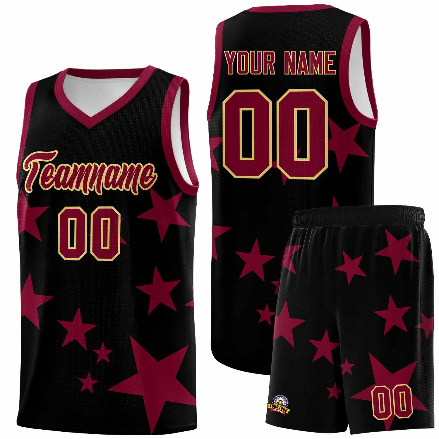 Custom Black Crimson Graffiti Pattern Star Print Basketball Kits Sets