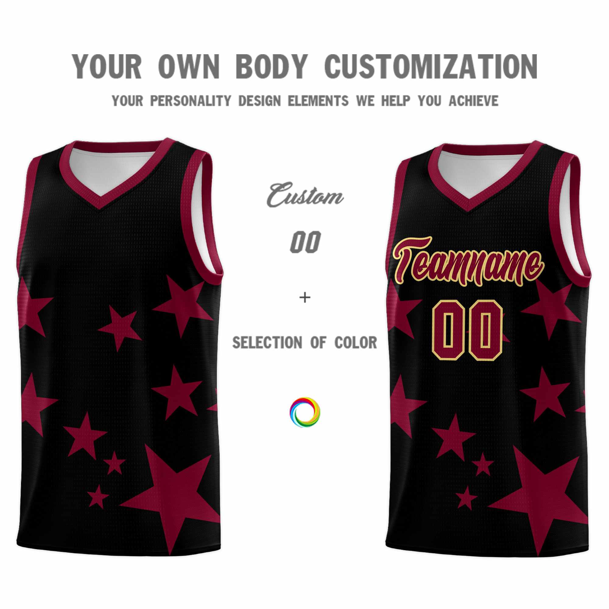 Custom Black Crimson Graffiti Pattern Star Print Basketball Kits Sets