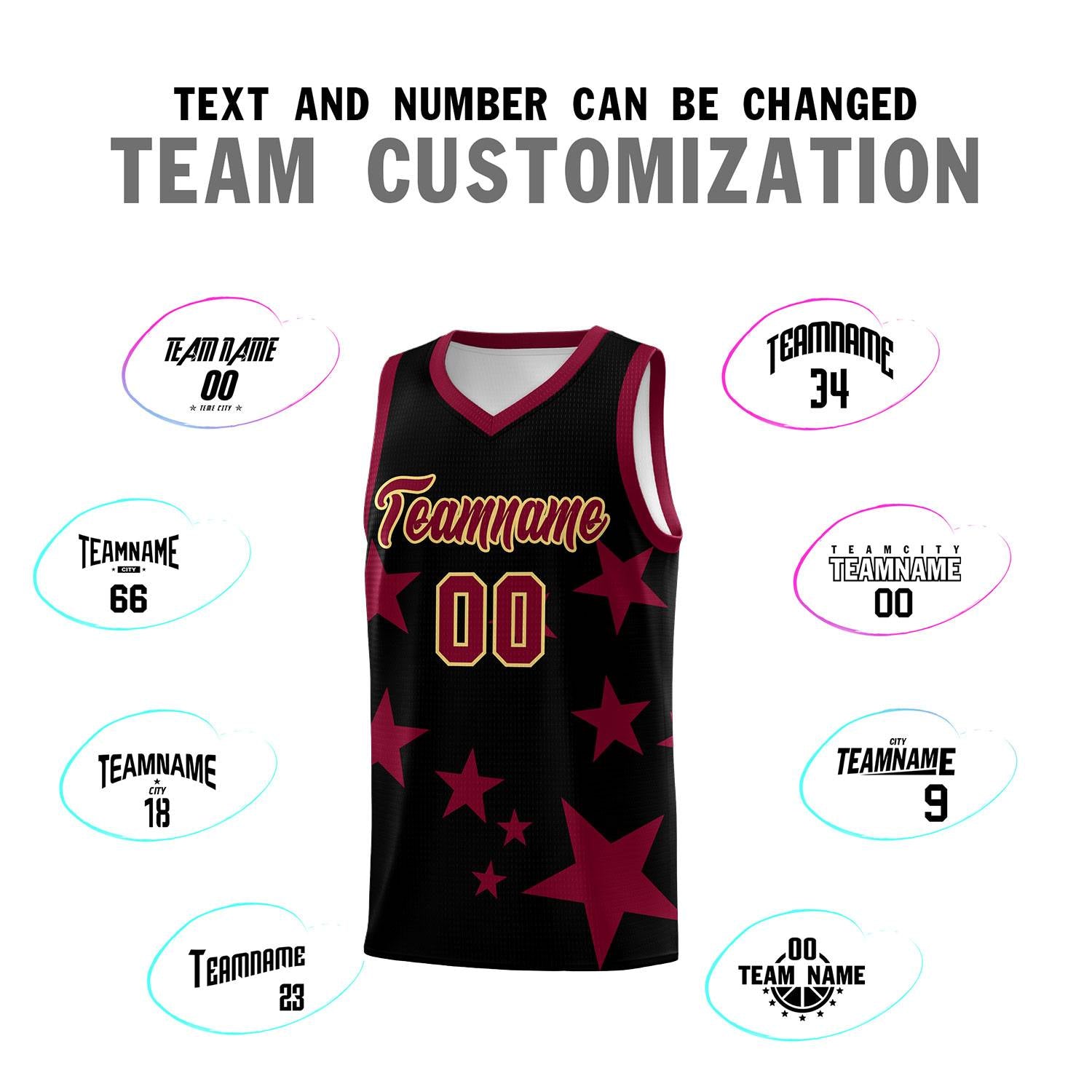 Custom Black Crimson Graffiti Pattern Star Print Basketball Kits Sets